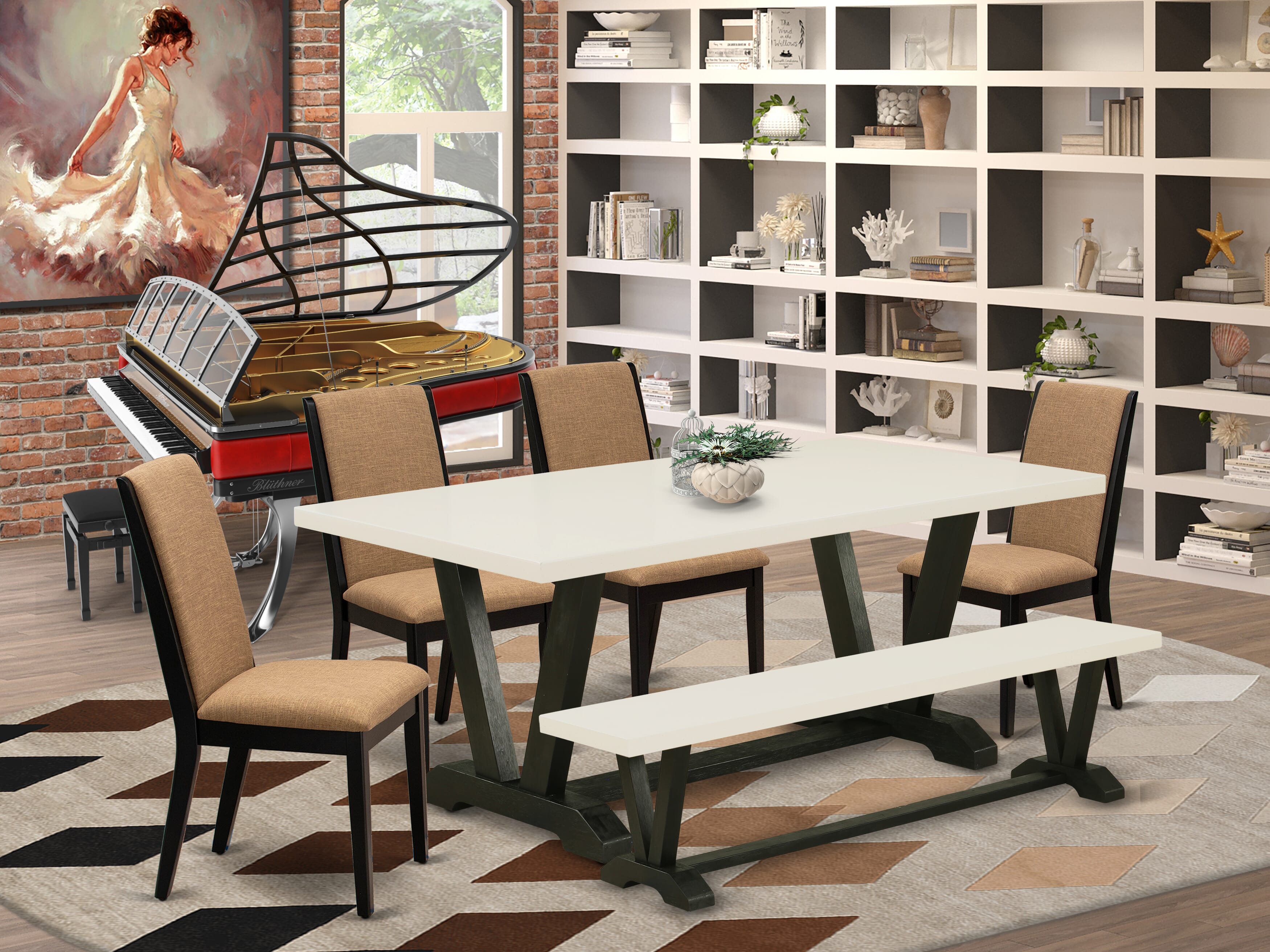 Juego de mesa de comedor moderna de 6 piezas East West Furniture V627LA147-6. Contiene una mesa rectangular de madera y 4 sillas tapizadas en tela de lino color sable claro con un banco.