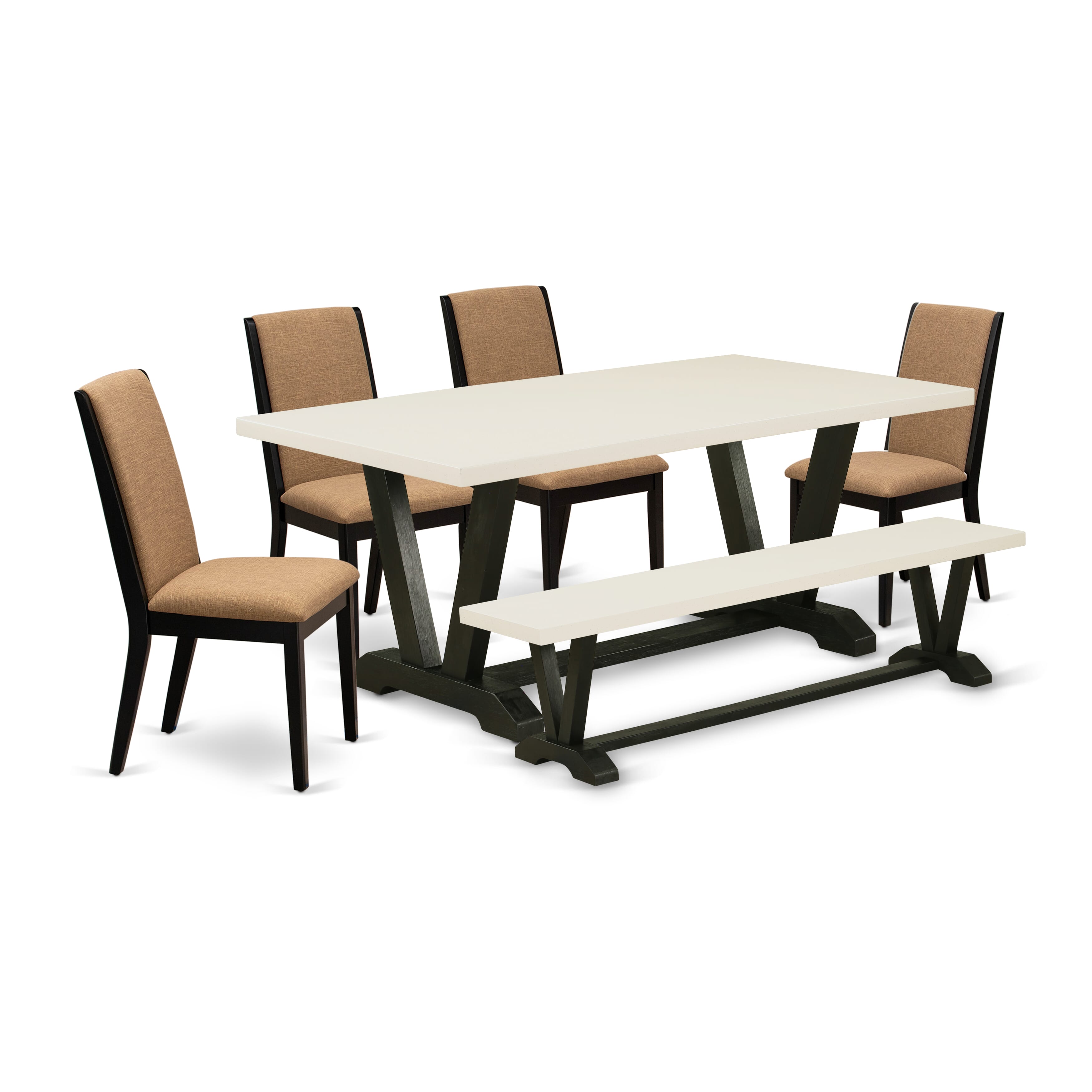 Juego de mesa de comedor moderna de 6 piezas East West Furniture V627LA147-6. Contiene una mesa rectangular de madera y 4 sillas tapizadas en tela de lino color sable claro con un banco.