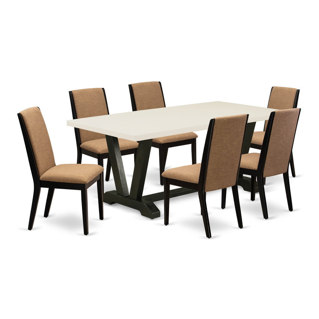 Juego de mesa de comedor moderna de 7 piezas East West Furniture V627LA147-7 compuesto por una mesa rectangular de madera con patas en V y 6 sillas tapizadas en tela de lino color sable claro.