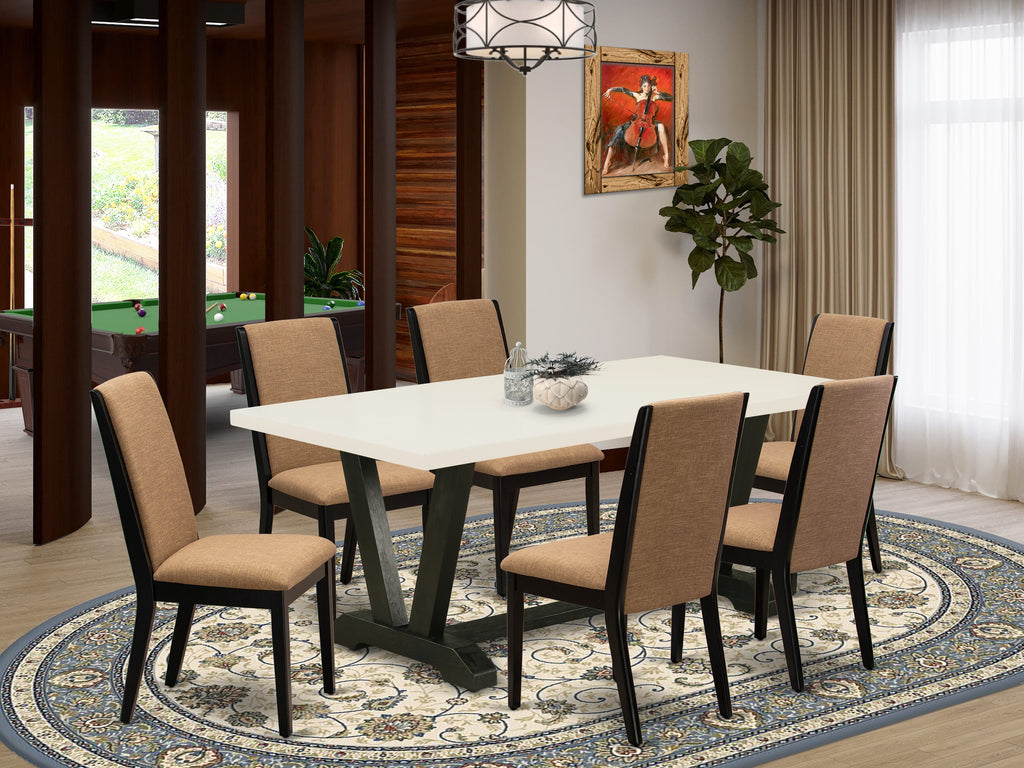 Juego de mesa de comedor moderna de 7 piezas East West Furniture V627LA147-7 compuesto por una mesa rectangular de madera con patas en V y 6 sillas tapizadas en tela de lino color sable claro.