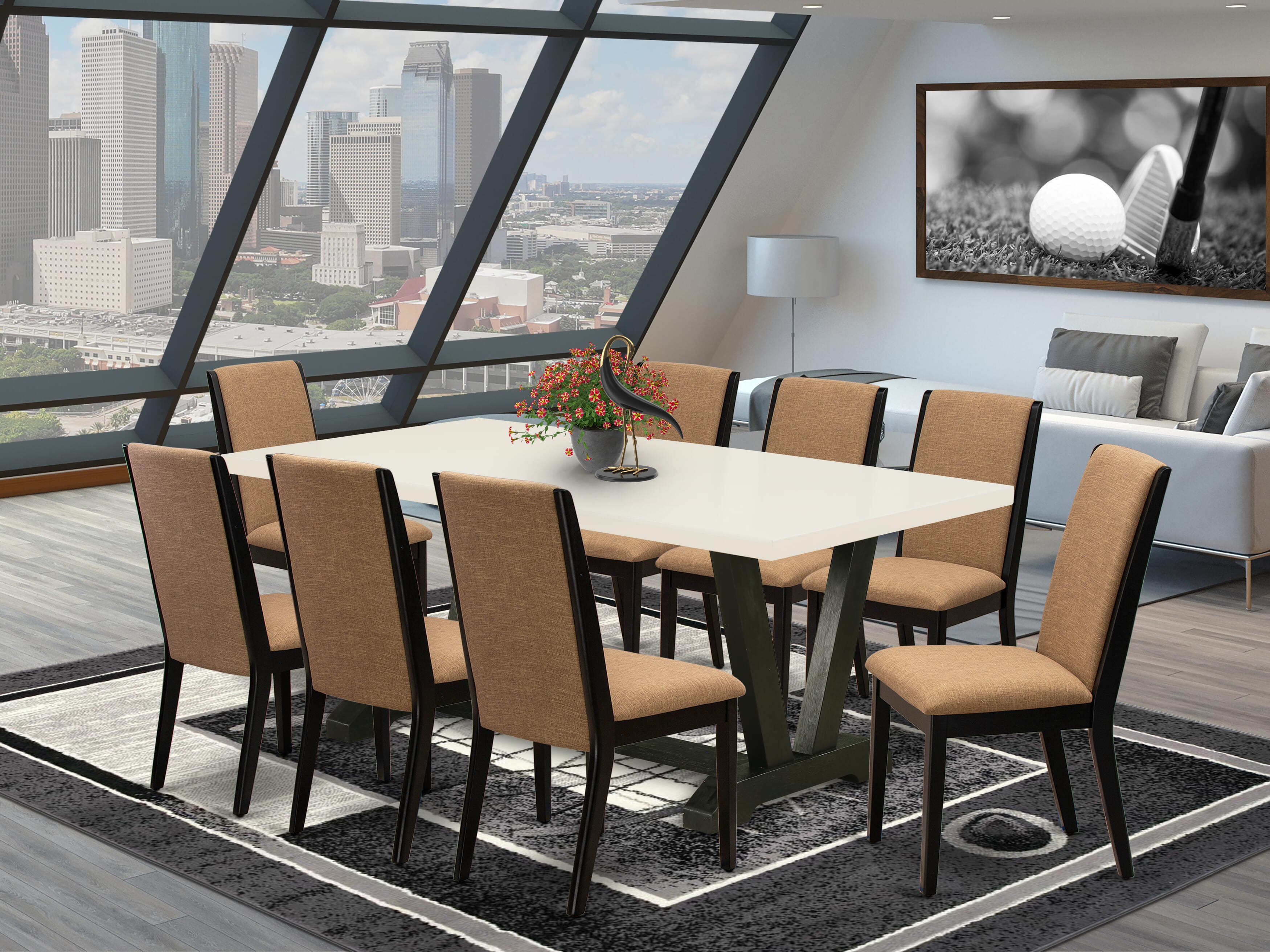 El juego de mesa de comedor East West Furniture V627LA147-9 de 9 piezas incluye una mesa de cocina rectangular con patas en V y 8 sillas de comedor Parson de tela de lino color sable claro.