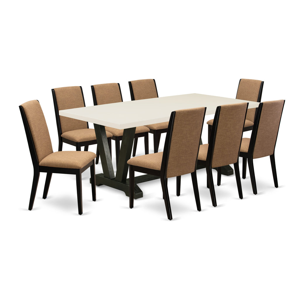 El juego de mesa de comedor East West Furniture V627LA147-9 de 9 piezas incluye una mesa de cocina rectangular con patas en V y 8 sillas de comedor Parson de tela de lino color sable claro.