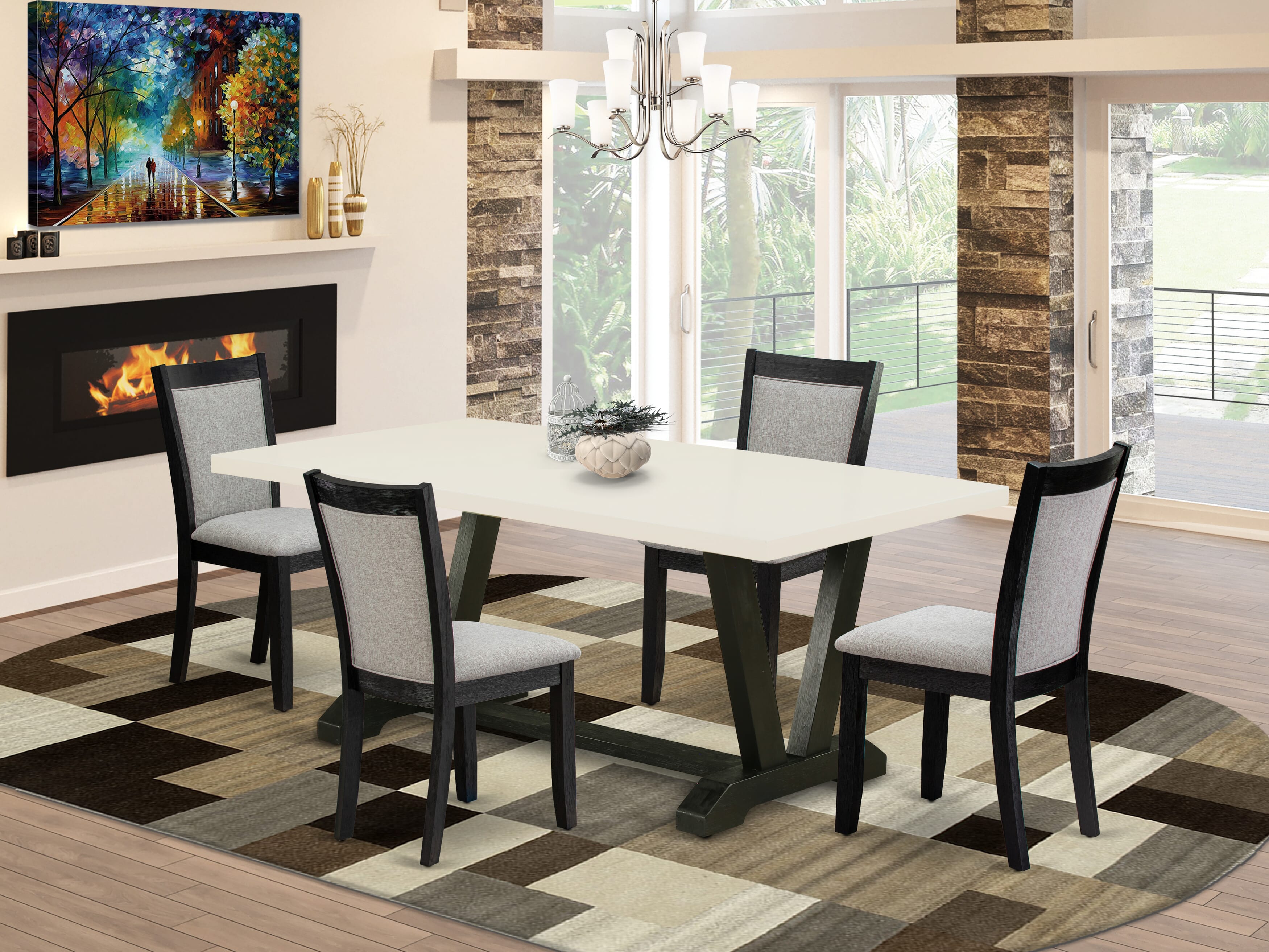 East West Furniture V627MZ606-5 5 Piece Dining Room Table Set - A linen white Top Modern Dining Table with Trestle Base and 4 Shitake Linen Fabric Parson Chairs - Wire Brushed Black Finish