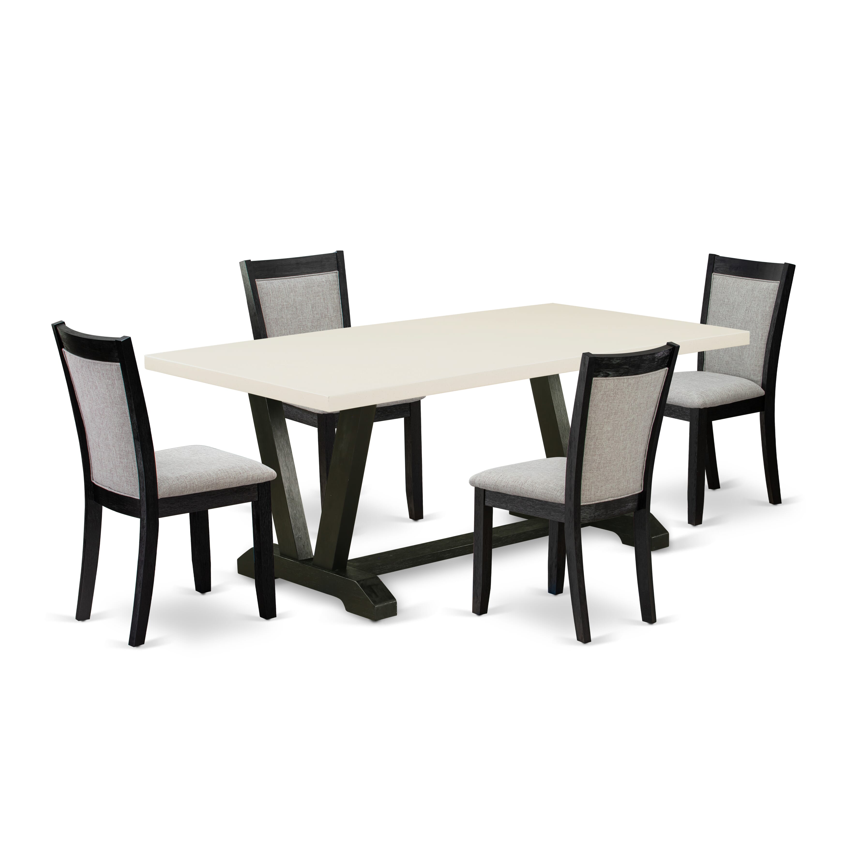 East West Furniture V627MZ606-5 5 Piece Dining Room Table Set - A linen white Top Modern Dining Table with Trestle Base and 4 Shitake Linen Fabric Parson Chairs - Wire Brushed Black Finish