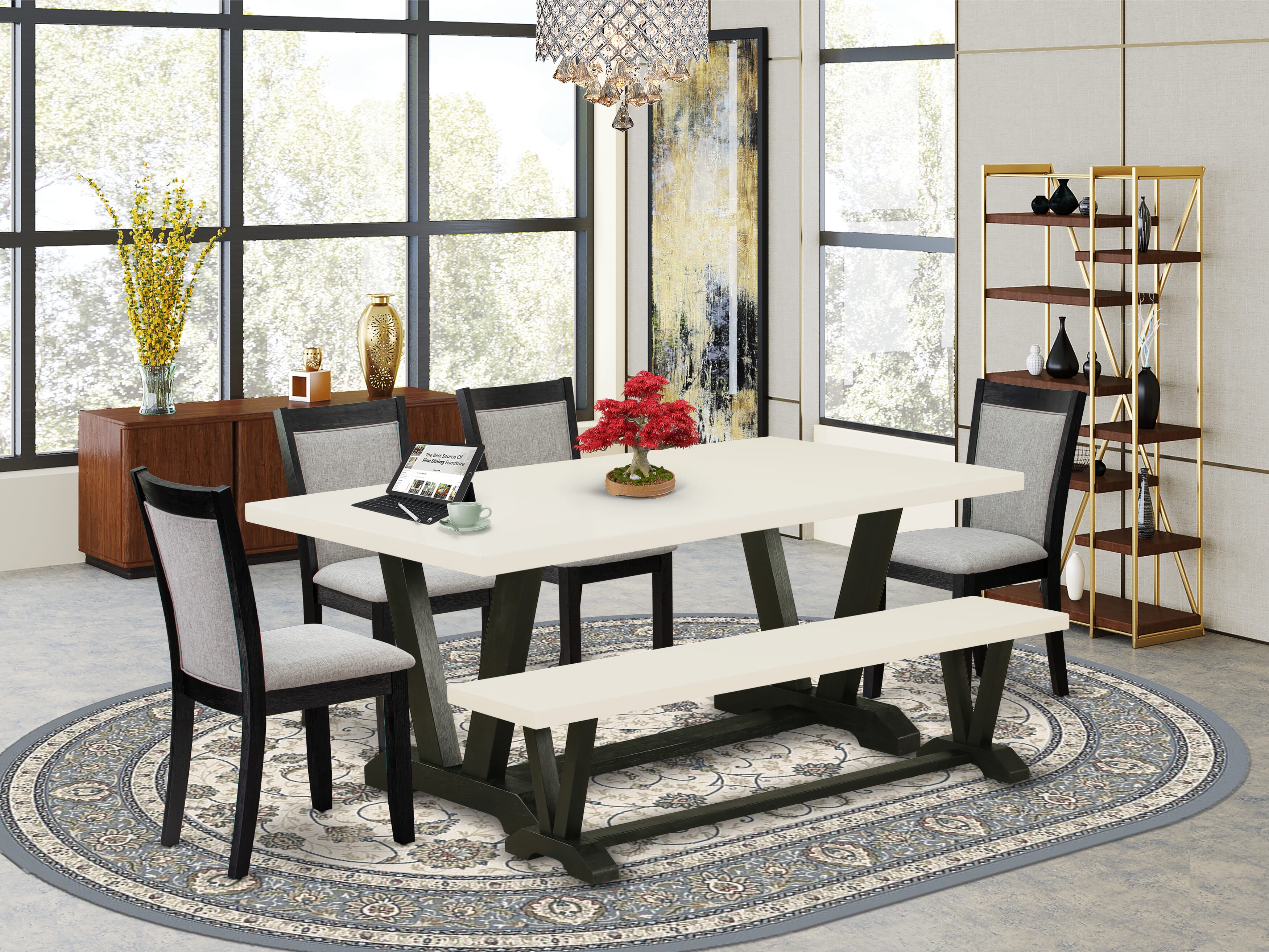 East West Furniture V627MZ606-6 6 Pc Kitchen Table Set - A linen white Top Dinner Table with a Bench and 4 Shitake Linen Fabric Parson Chairs - Wire Brushed Black Finish