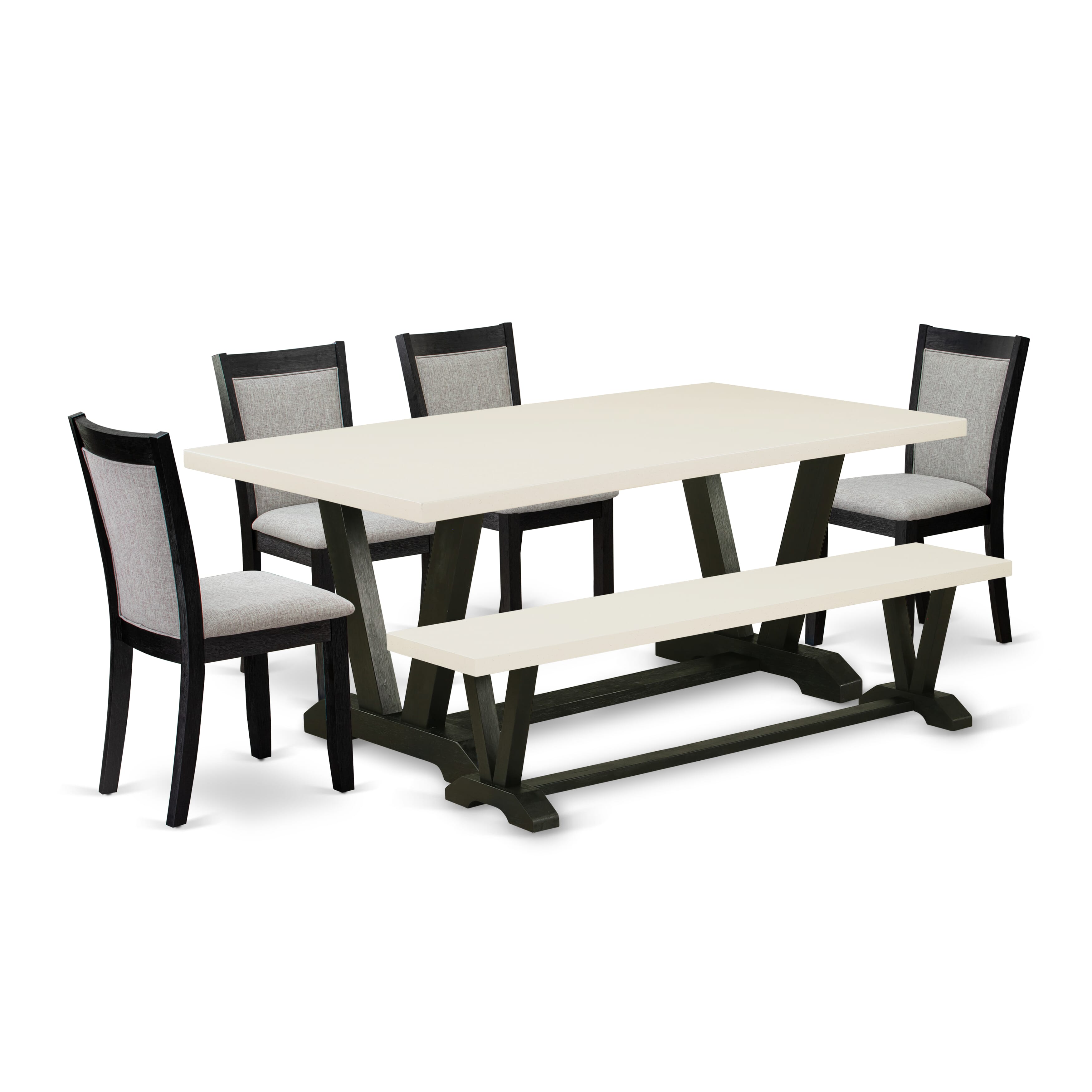 East West Furniture V627MZ606-6 6 Pc Kitchen Table Set - A linen white Top Dinner Table with a Bench and 4 Shitake Linen Fabric Parson Chairs - Wire Brushed Black Finish