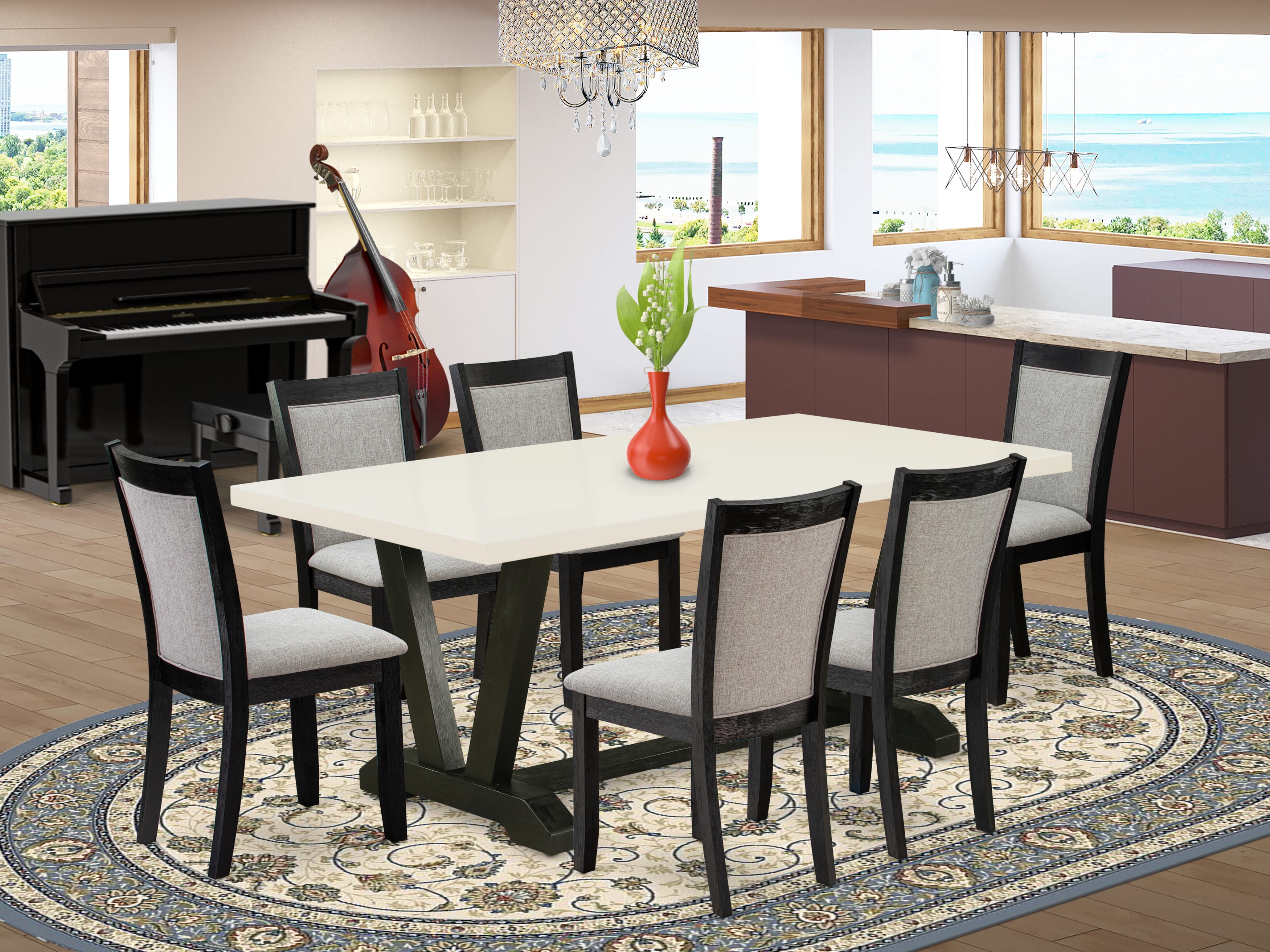East West Furniture V627MZ606-7 7 Piece Dining Room Set - linen white Top Dining Table with Trestle Base and 6 Shitake Linen Fabric Dining Chairs - Wire Brushed Black Finish