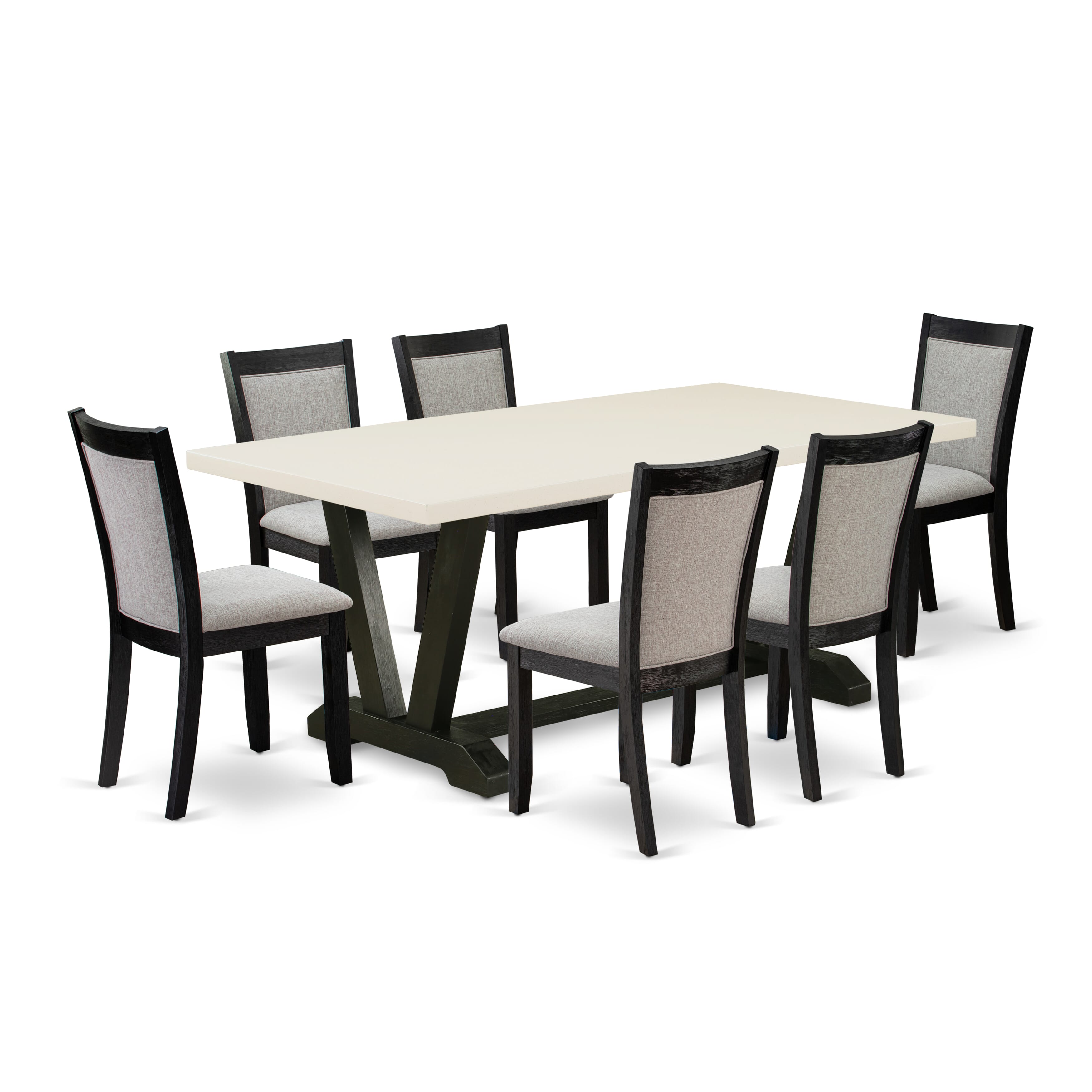 East West Furniture V627MZ606-7 7 Piece Dining Room Set - linen white Top Dining Table with Trestle Base and 6 Shitake Linen Fabric Dining Chairs - Wire Brushed Black Finish