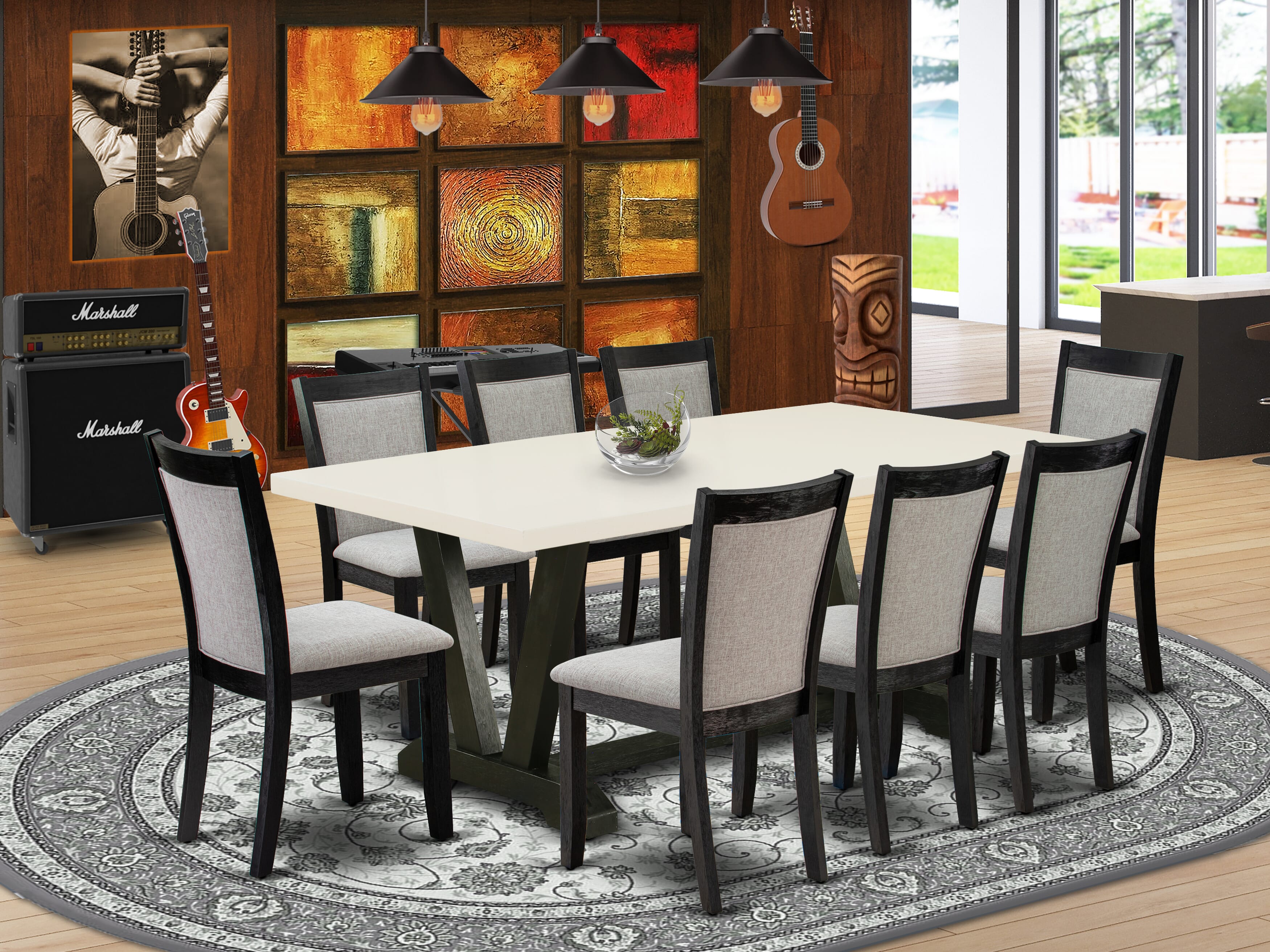 East West Furniture V627MZ606-9 9 Piece Mid Century Dining Set - A linen white Top Mid Century Dining Table with Trestle Base and 8 Shitake Linen Fabric Dining Room Chairs - Wire Brushed Black Finish
