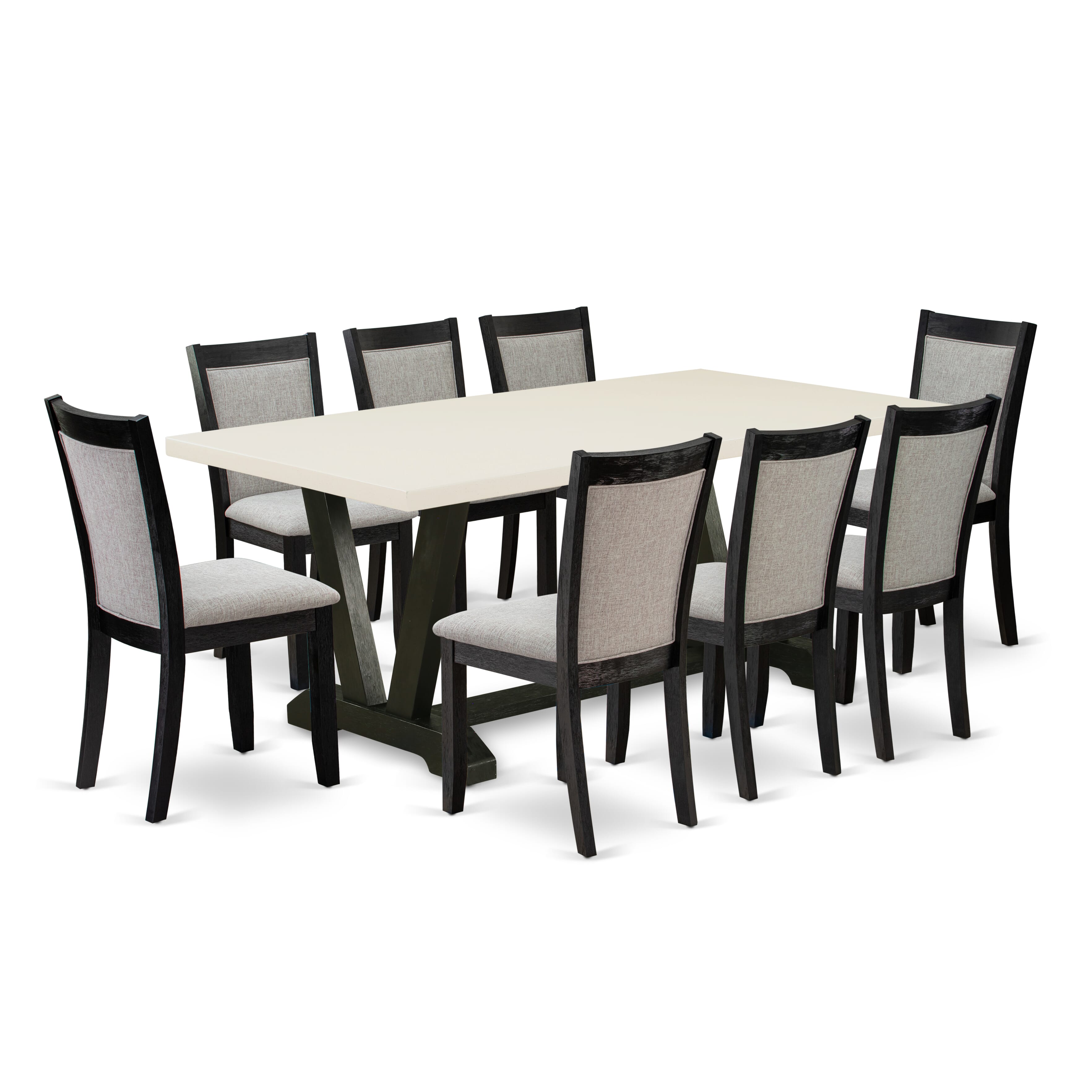 East West Furniture V627MZ606-9 9 Piece Mid Century Dining Set - A linen white Top Mid Century Dining Table with Trestle Base and 8 Shitake Linen Fabric Dining Room Chairs - Wire Brushed Black Finish