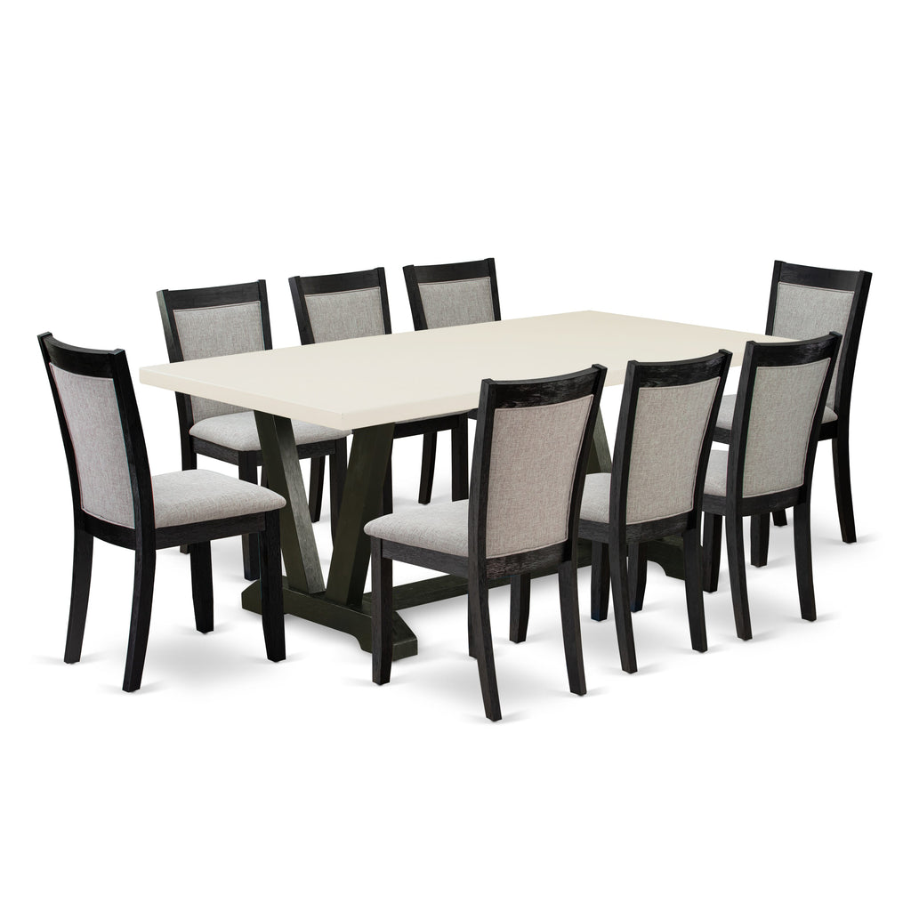 East West Furniture V627MZ606-9 9 Piece Dining Room Table Set Includes a Rectangle Dining Table with V-Legs and 8 Shitake Linen Fabric Upholstered Parson Chairs