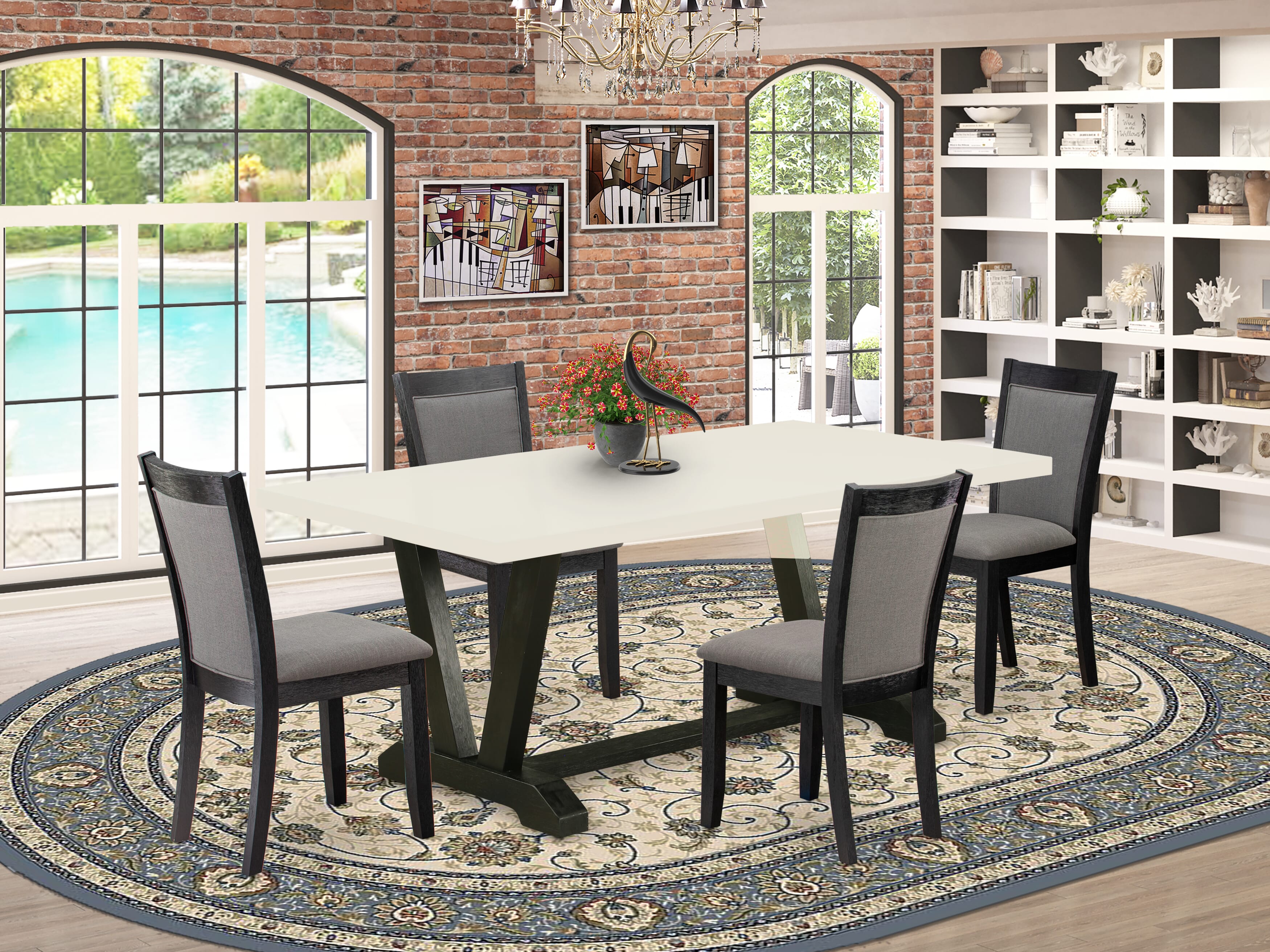 East West Furniture V627MZ650-5 5 Piece Modern Dining Table Set - linen white Top Dining Table with Trestle Base and 4 Dark Gotham Grey Linen Fabric Wooden Dining Chairs - Wire Brushed Black Finish