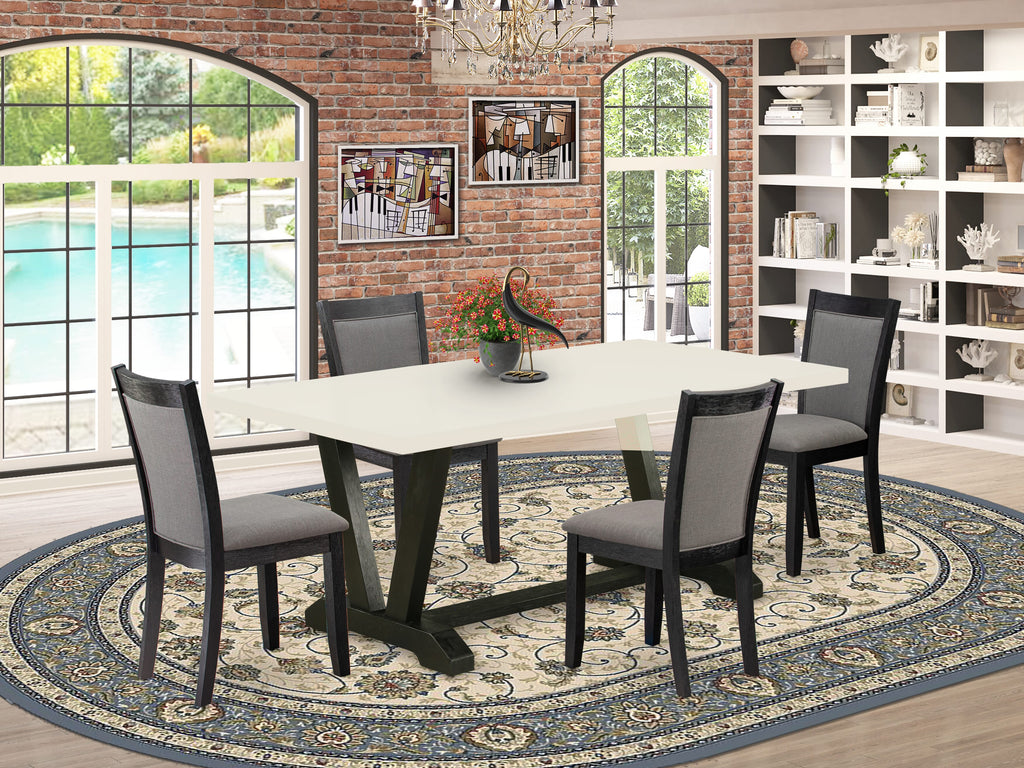 El juego de mesa de comedor de 5 piezas East West Furniture V627MZ650-5 incluye una mesa de cocina rectangular con patas en V y 4 sillas Parsons de tela de lino gris Gotham oscuro.
