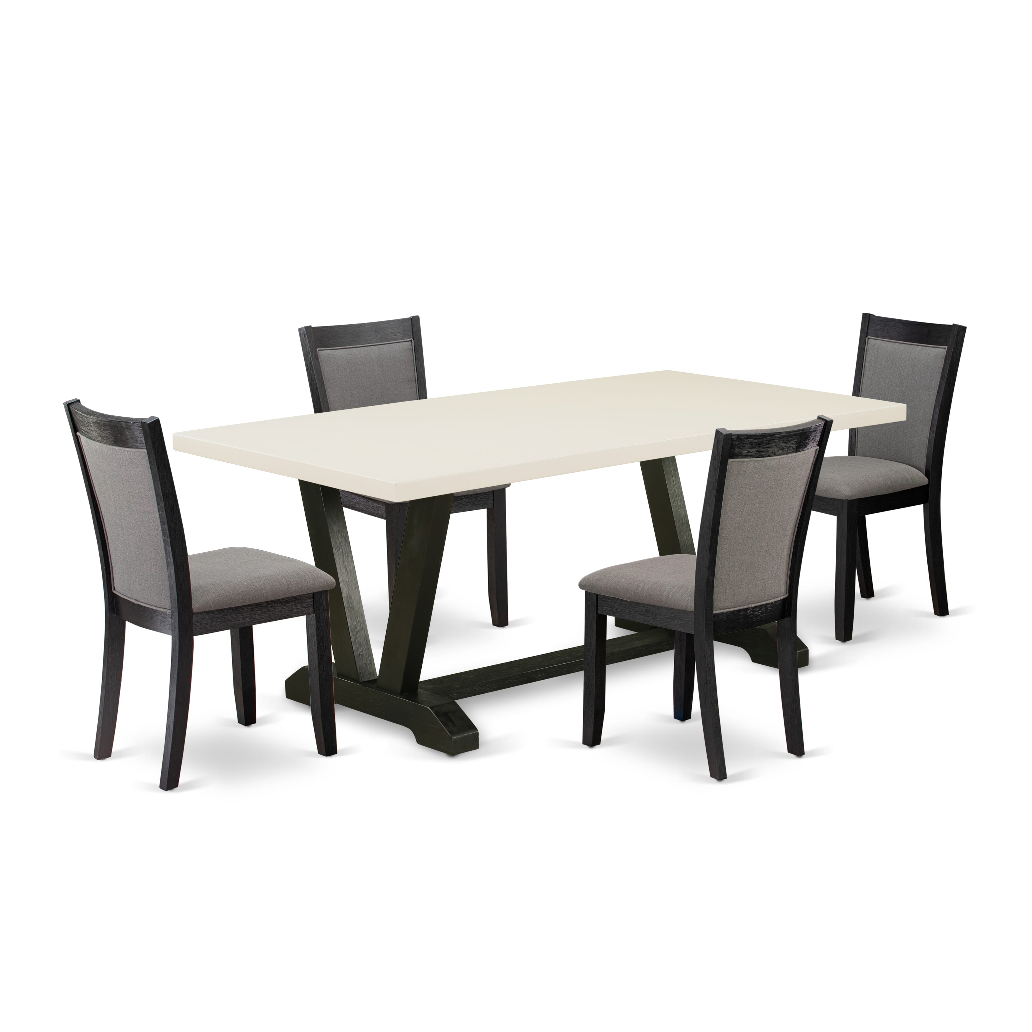 East West Furniture V627MZ650-5 5 Piece Modern Dining Table Set - linen white Top Dining Table with Trestle Base and 4 Dark Gotham Grey Linen Fabric Wooden Dining Chairs - Wire Brushed Black Finish