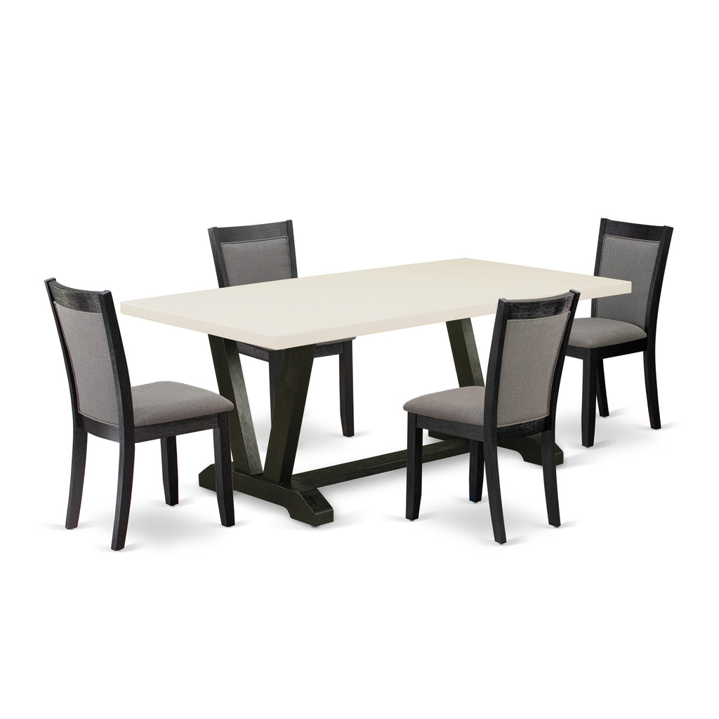 El juego de mesa de comedor de 5 piezas East West Furniture V627MZ650-5 incluye una mesa de cocina rectangular con patas en V y 4 sillas Parsons de tela de lino gris Gotham oscuro.