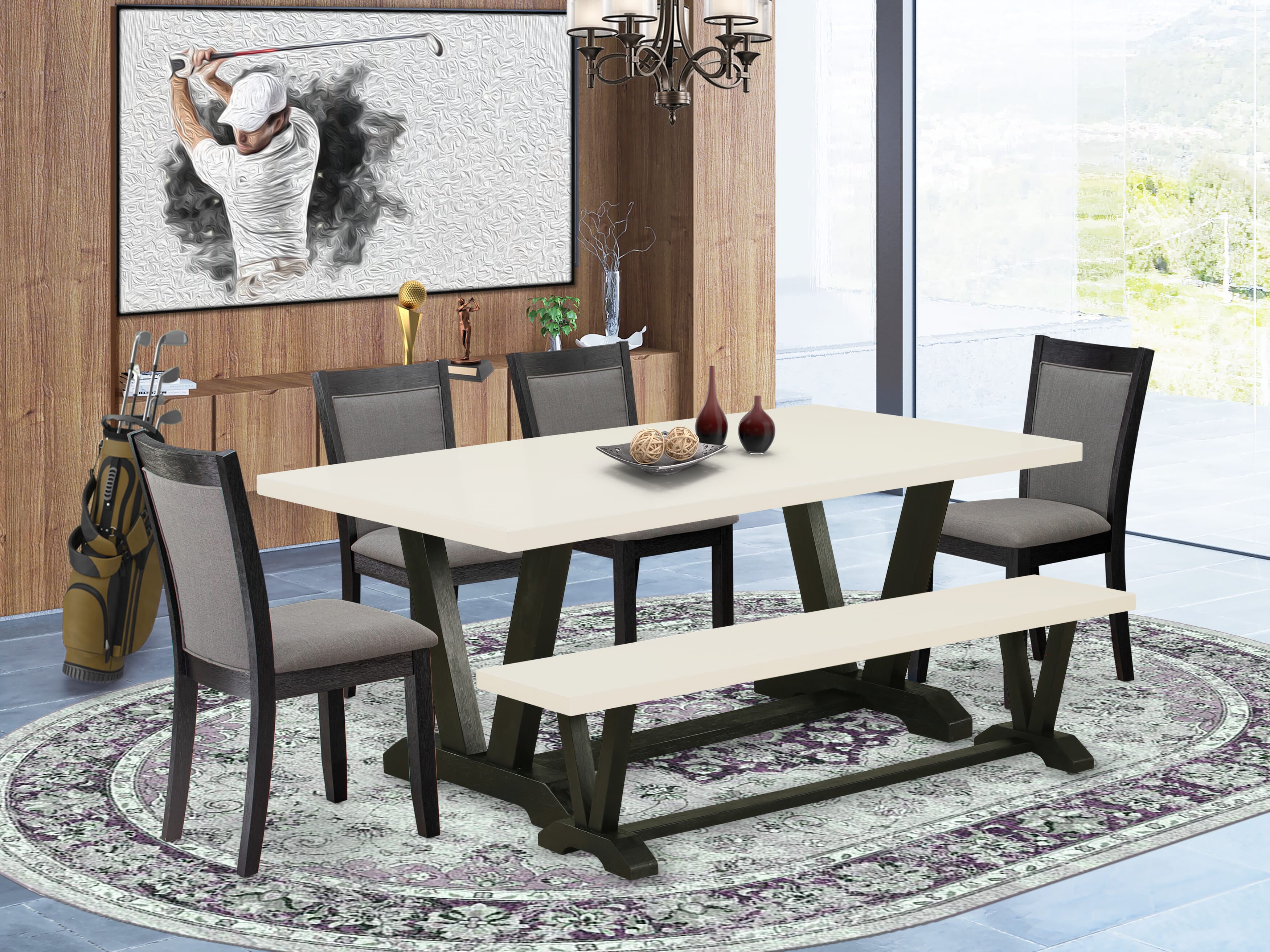 East West Furniture V627MZ650-6 6 Pc Kitchen Dining Table Set - A linen white Top Dining Table with a Rustic Bench and 4 Dark Gotham Grey Linen Fabric Upholstered Chairs - Wire Brushed Black Finish