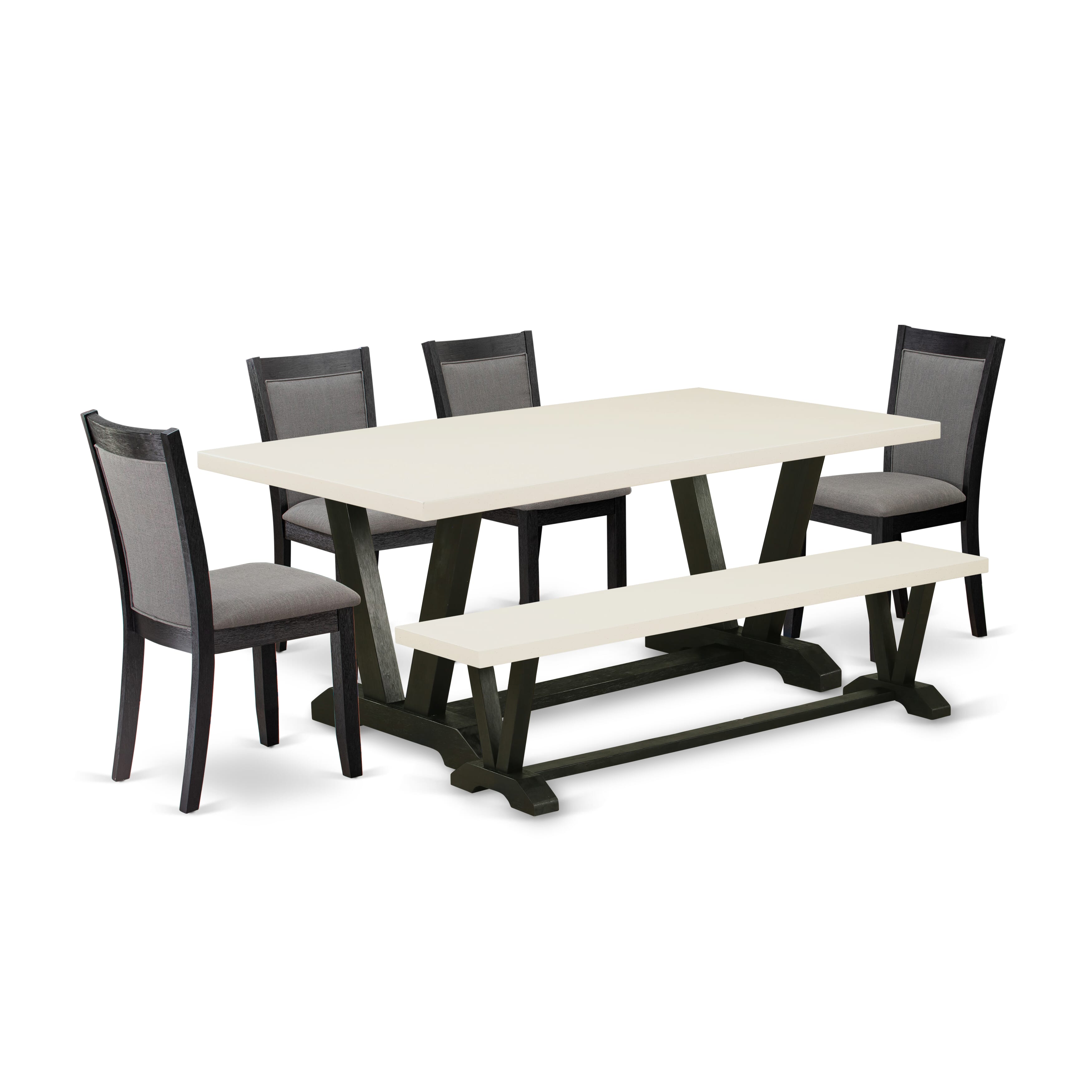 East West Furniture V627MZ650-6 6 Pc Kitchen Dining Table Set - A linen white Top Dining Table with a Rustic Bench and 4 Dark Gotham Grey Linen Fabric Upholstered Chairs - Wire Brushed Black Finish