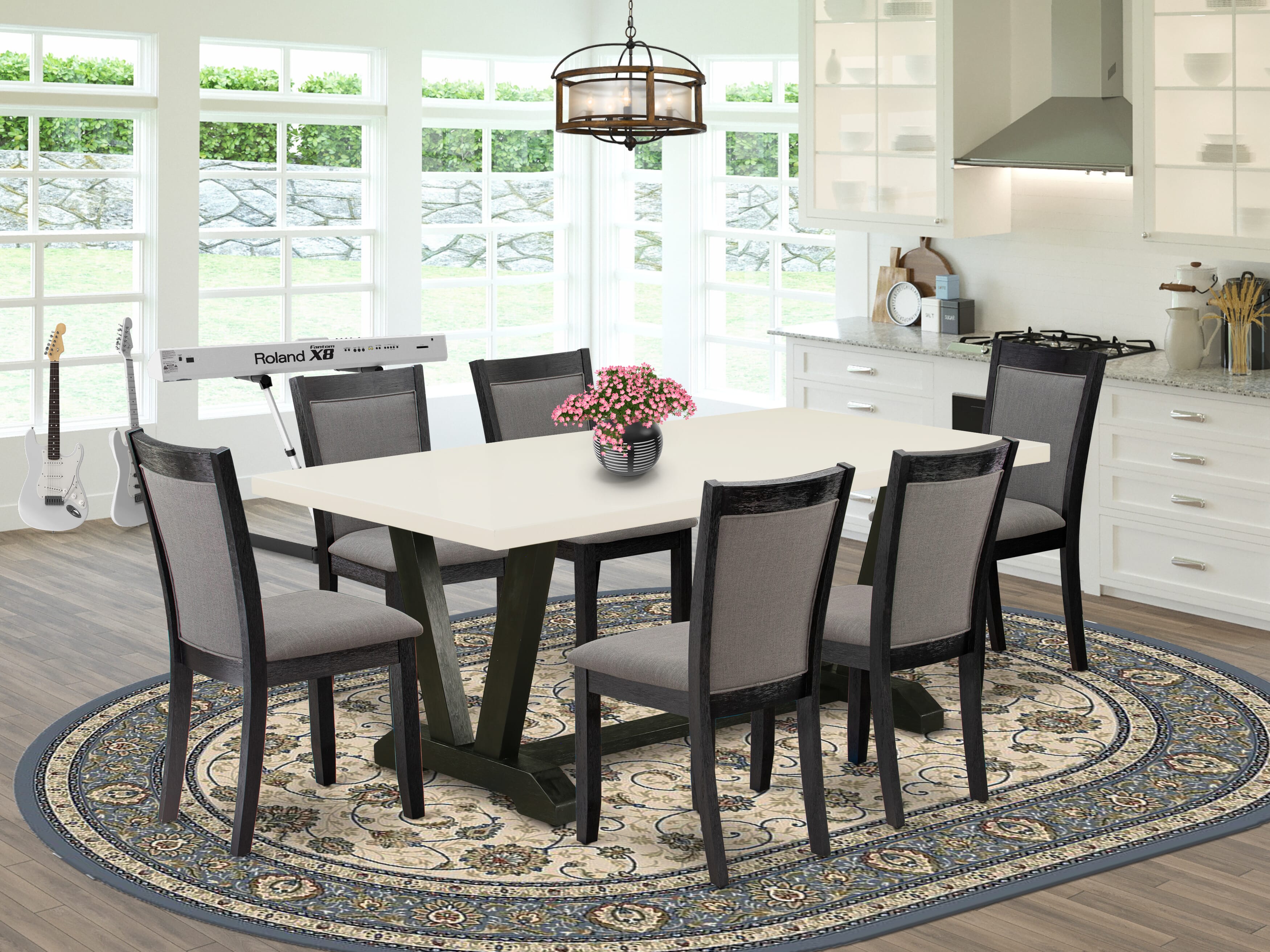 East West Furniture V627MZ650-7 7 Piece Kitchen Table Set - linen white Top Dinner Table with Trestle Base and 6 Dark Gotham Grey Linen Fabric Mid Century Dining Chairs - Wire Brushed Black Finish