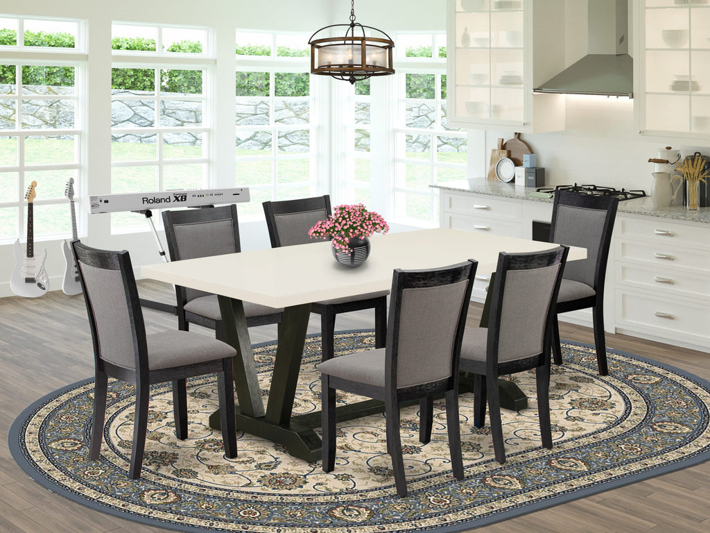 Juego de mesa de comedor East West Furniture V627MZ650-7 de 7 piezas compuesto por una mesa de cocina rectangular con patas en V y 6 sillas Parson de tela de lino gris Gotham oscuro.