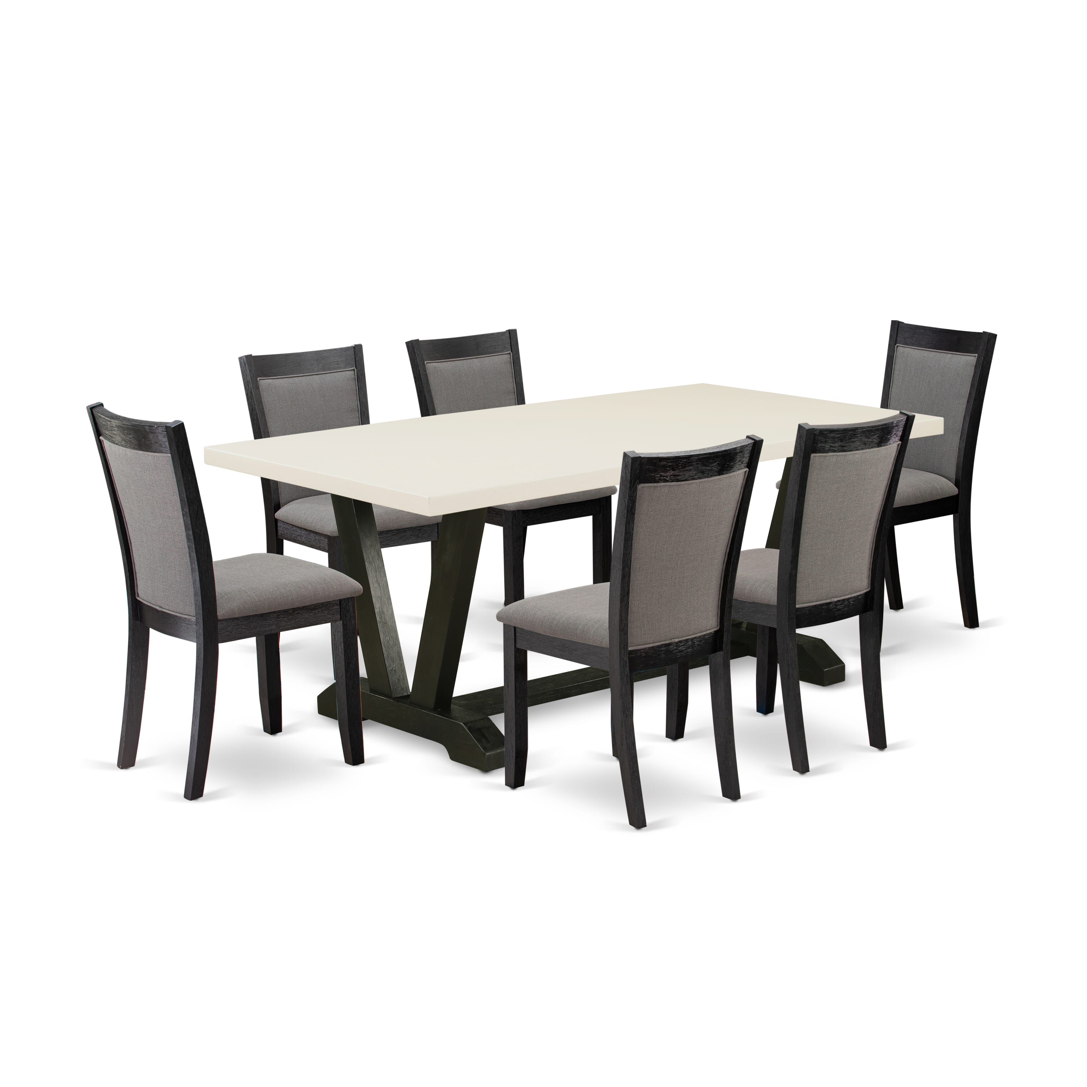East West Furniture V627MZ650-7 7 Piece Kitchen Table Set - linen white Top Dinner Table with Trestle Base and 6 Dark Gotham Grey Linen Fabric Mid Century Dining Chairs - Wire Brushed Black Finish