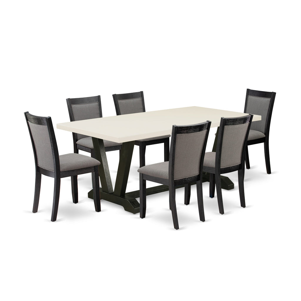 Juego de mesa de comedor East West Furniture V627MZ650-7 de 7 piezas compuesto por una mesa de cocina rectangular con patas en V y 6 sillas Parson de tela de lino gris Gotham oscuro.