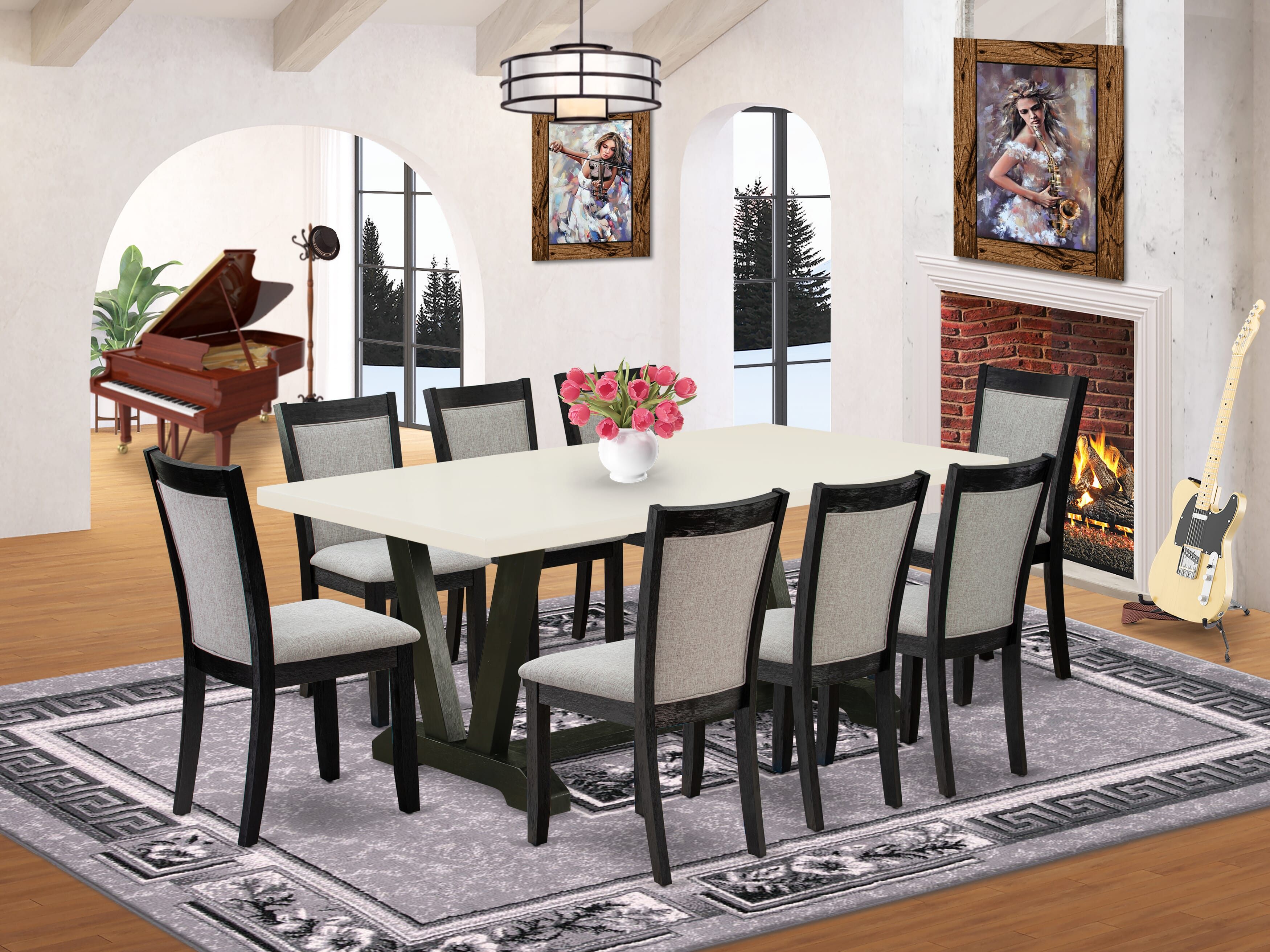 East West Furniture V627MZ650-9 9 Piece Table Set - linen white Top Dinner Table with Trestle Base and 8 Dark Gotham Grey Linen Fabric Dinning Chairs - Wire Brushed Black Finish