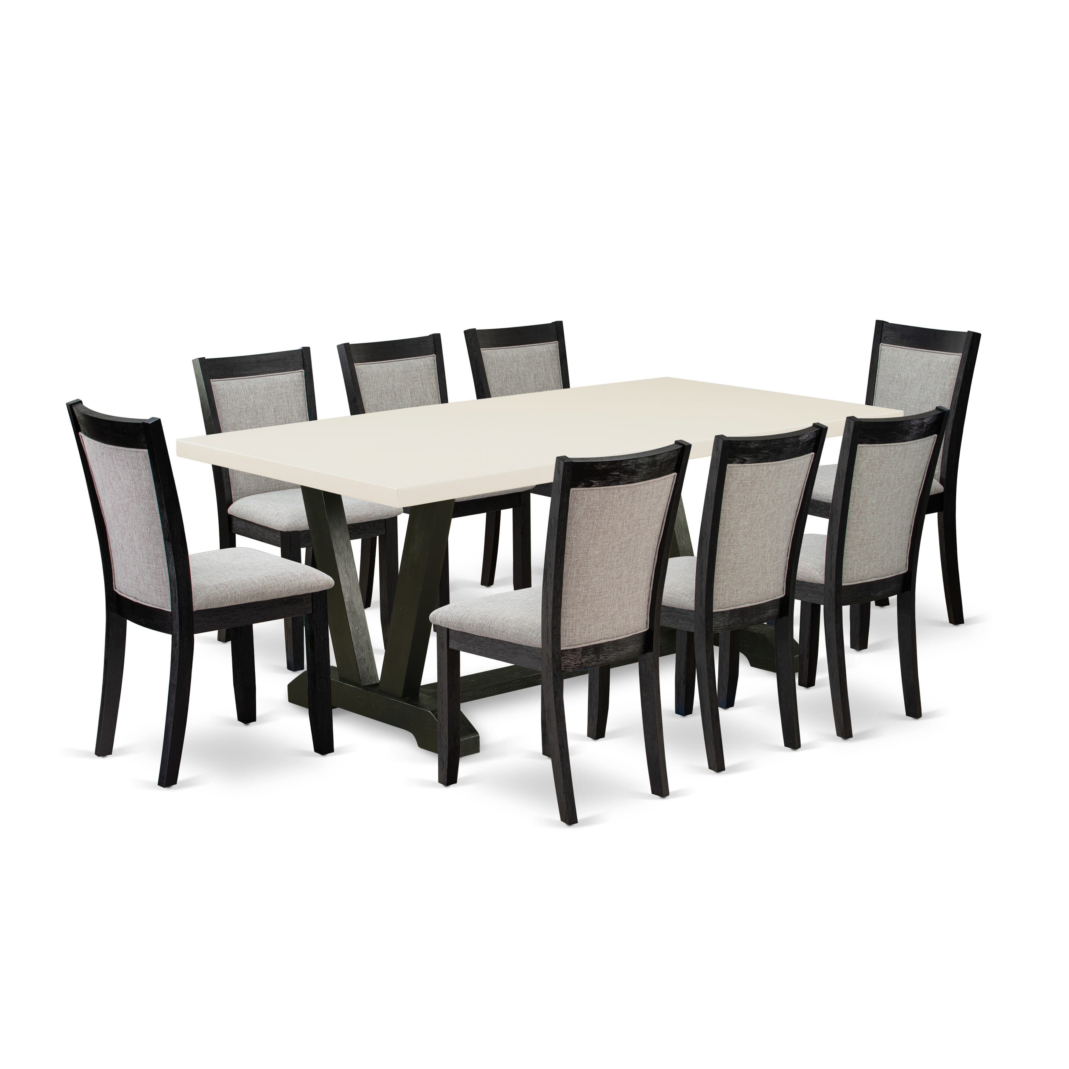 East West Furniture V627MZ650-9 9 Piece Table Set - linen white Top Dinner Table with Trestle Base and 8 Dark Gotham Grey Linen Fabric Dinning Chairs - Wire Brushed Black Finish
