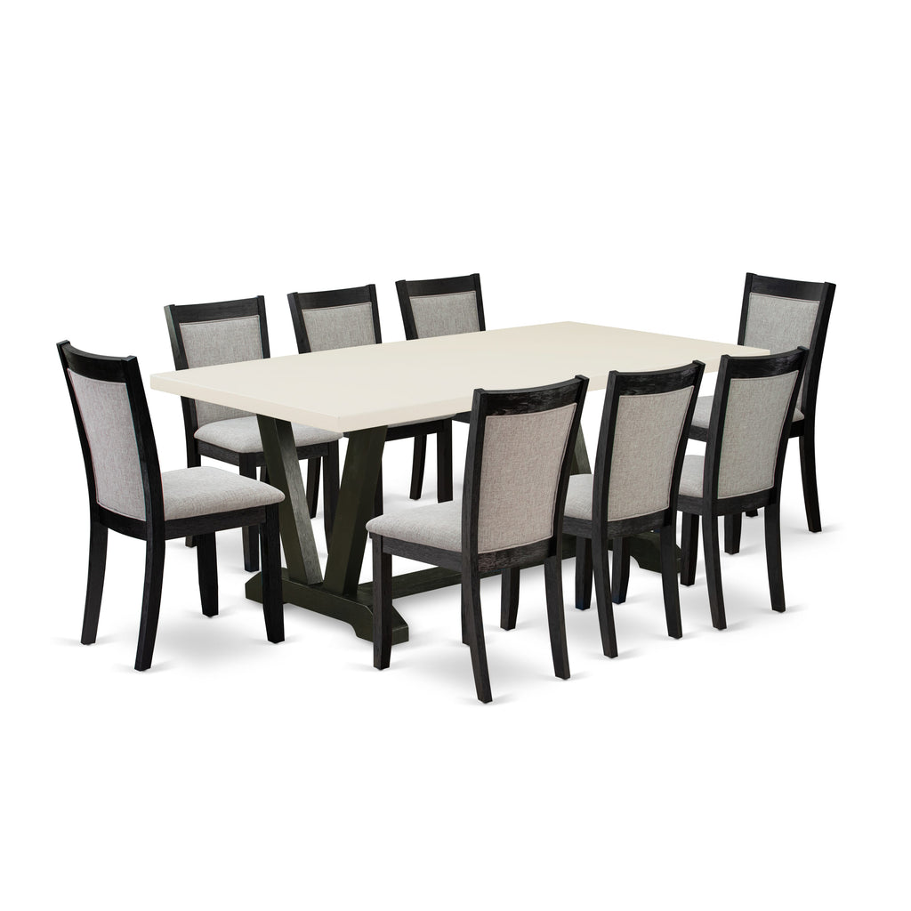 El juego de mesa de cocina de 9 piezas East West Furniture V627MZ650-9 incluye una mesa de comedor rectangular con patas en V y 8 sillas Parsons de tela de lino gris Gotham oscuro.