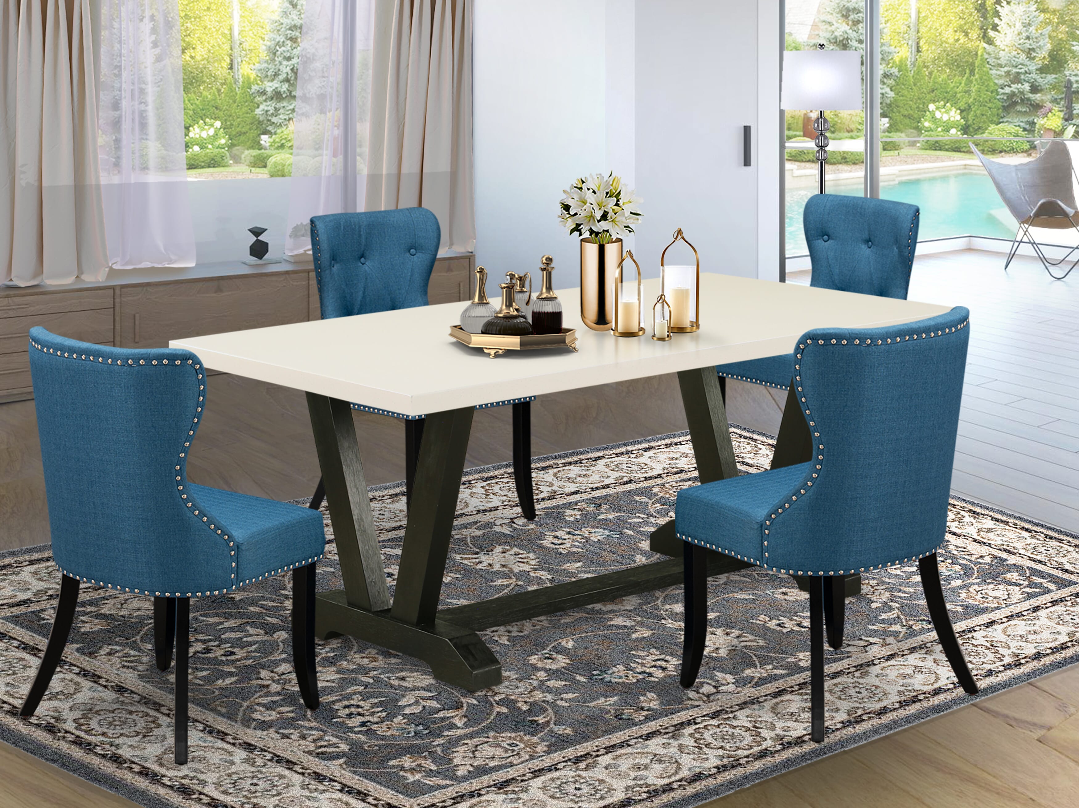 East West Furniture V627SI121-5 5-Pc Dining Room Table Set- 4 Parson Dining Chairs with Blue Linen Fabric Seat and Button Tufted Chair Back - Rectangular Table - linen white Finish