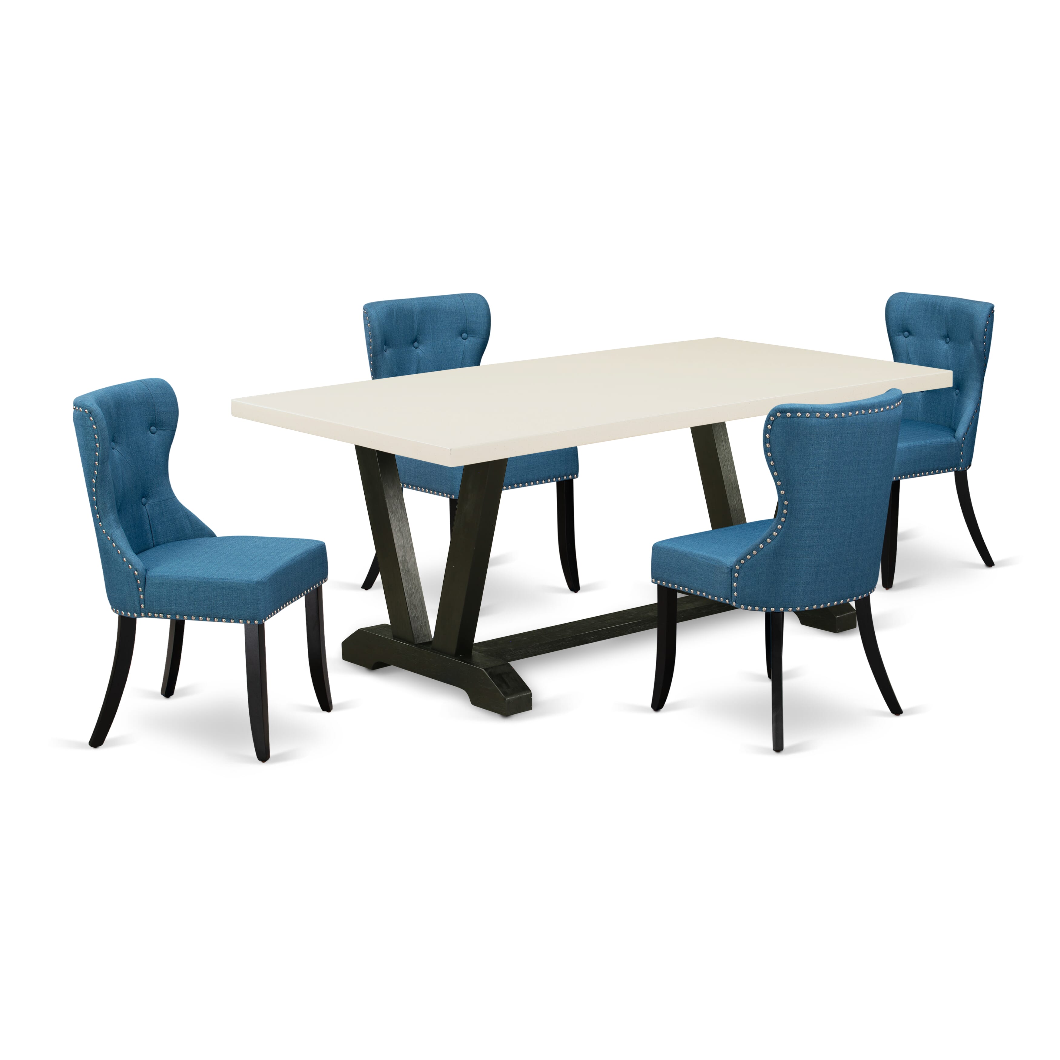 East West Furniture V627SI121-5 5-Pc Dining Room Table Set- 4 Parson Dining Chairs with Blue Linen Fabric Seat and Button Tufted Chair Back - Rectangular Table - linen white Finish