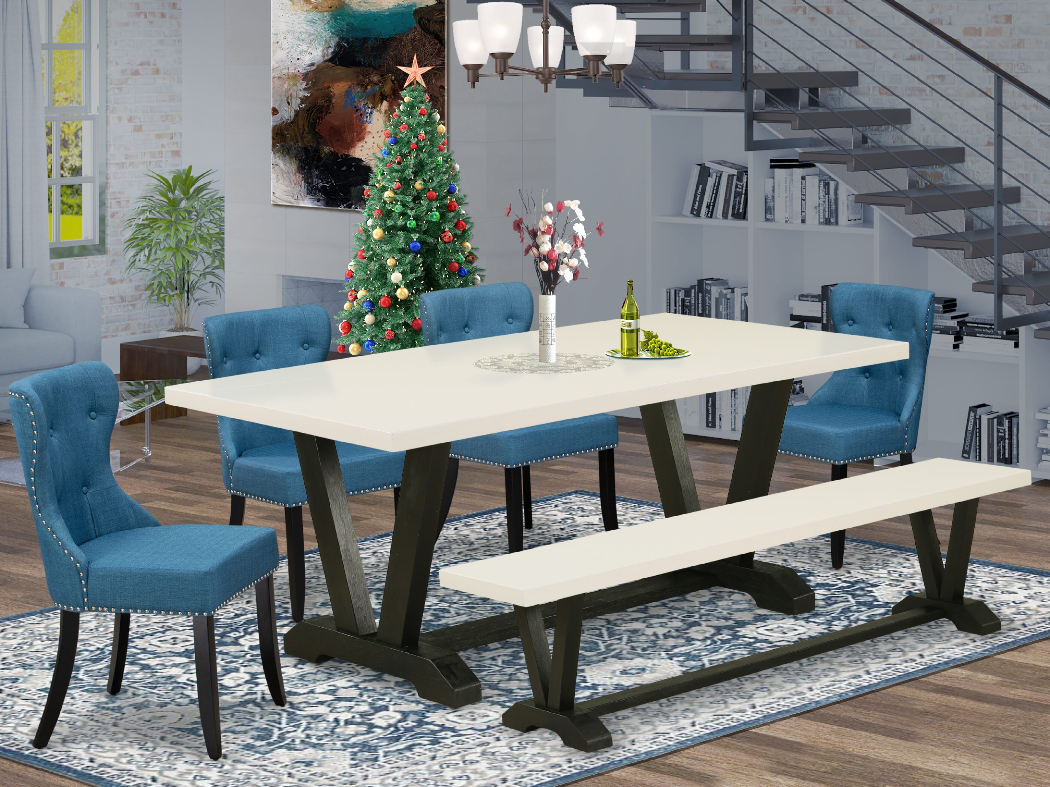 East West Furniture V627SI121-6 6-Pc Dining Room Table Set- 4 Blue Linen Fabric dining room chairs with Button Tufted Back - A Dining Table and 1 Dining Bench (linen white Finish)