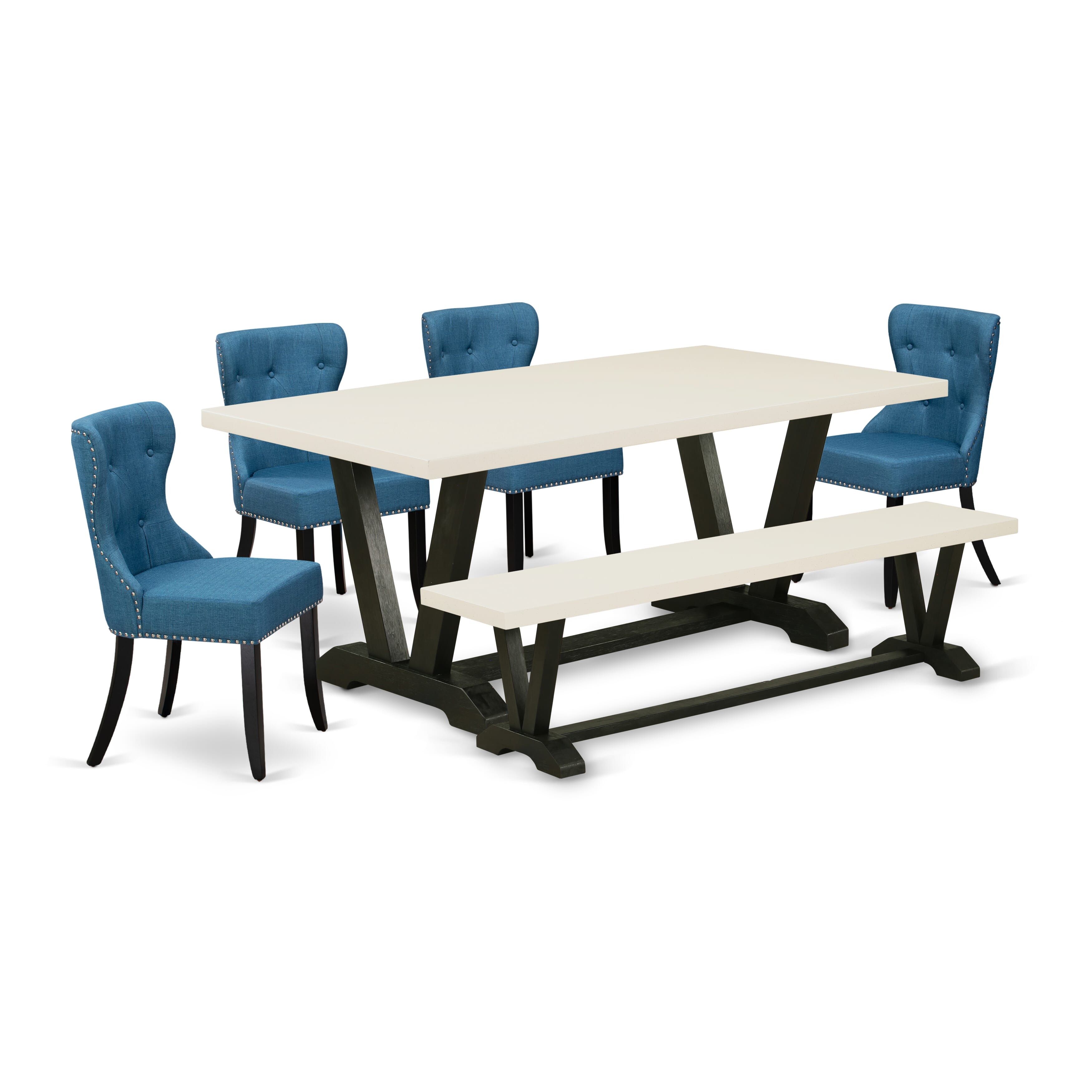 East West Furniture V627SI121-6 6-Pc Dining Room Table Set- 4 Blue Linen Fabric dining room chairs with Button Tufted Back - A Dining Table and 1 Dining Bench (linen white Finish)