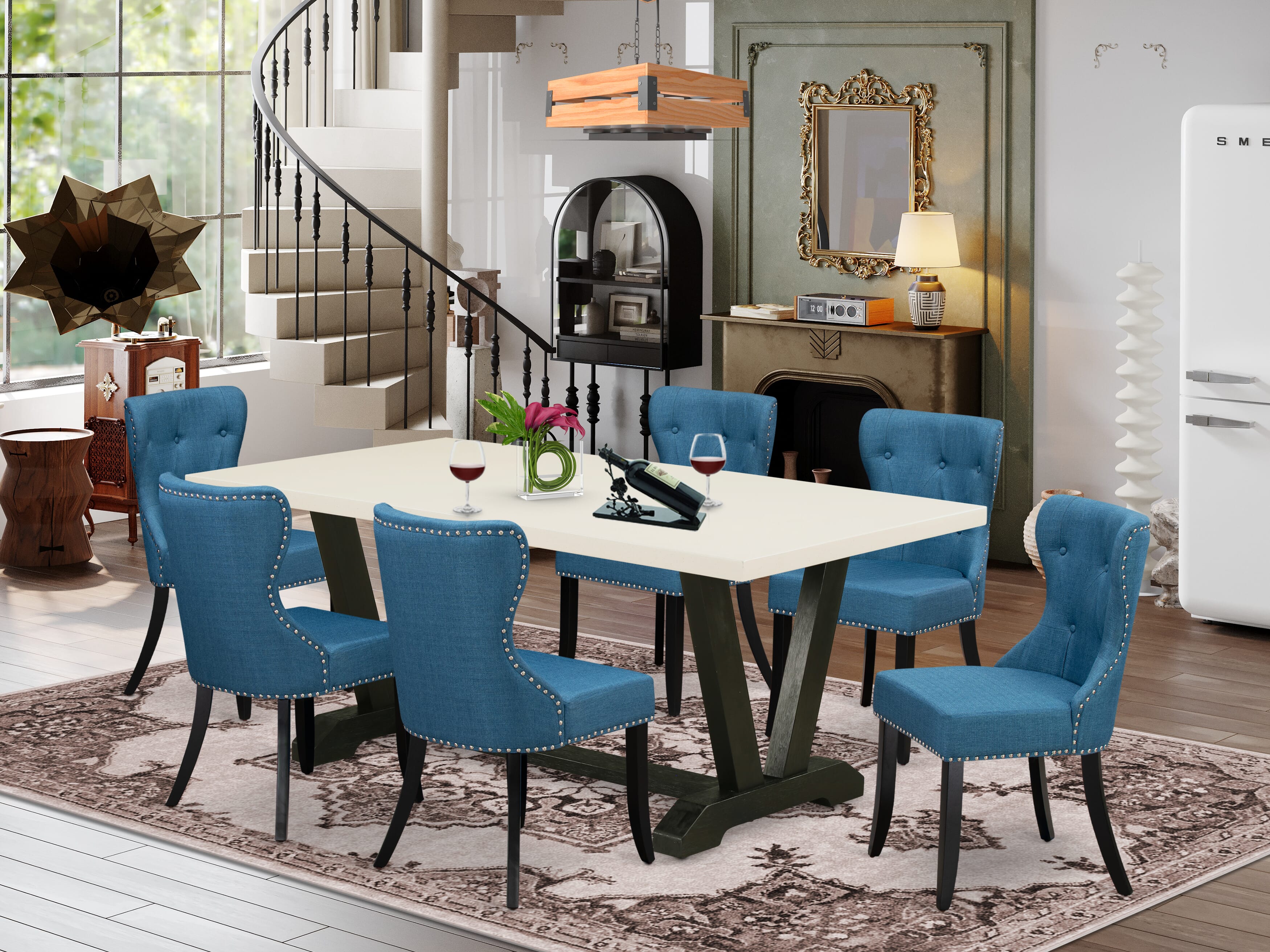 East West Furniture 7-Piece Dinette Set- 6 padded parson chairs with Blue Linen Fabric Seat and Button Tufted Chair Back - Rectangular Table top & Wooden Legs - linen white and Black Finish