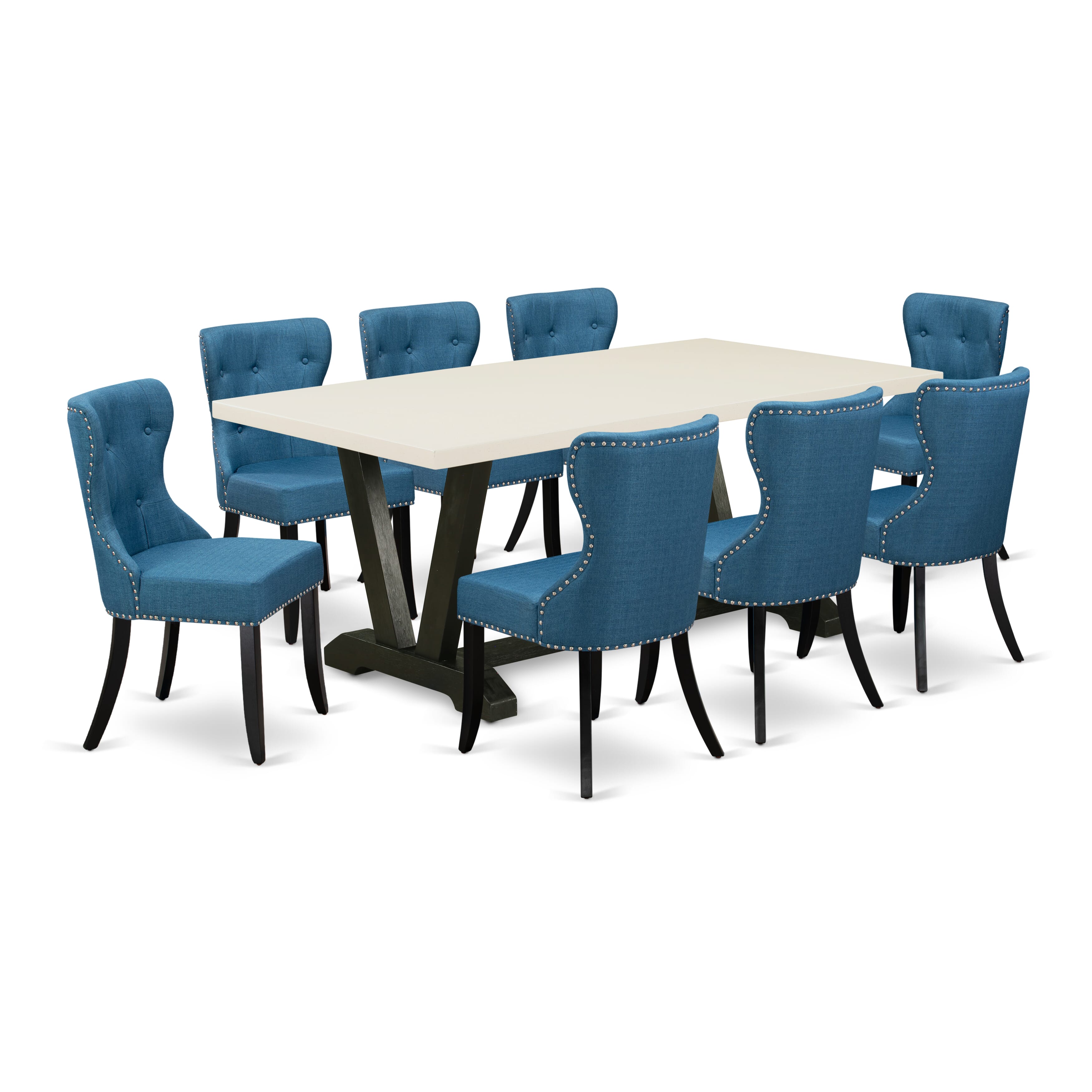 El juego de mesa de comedor de 9 piezas East West Furniture V627SI121-9 incluye una mesa de comedor rectangular con patas en V y 8 sillas Parsons de tela de lino azul.
