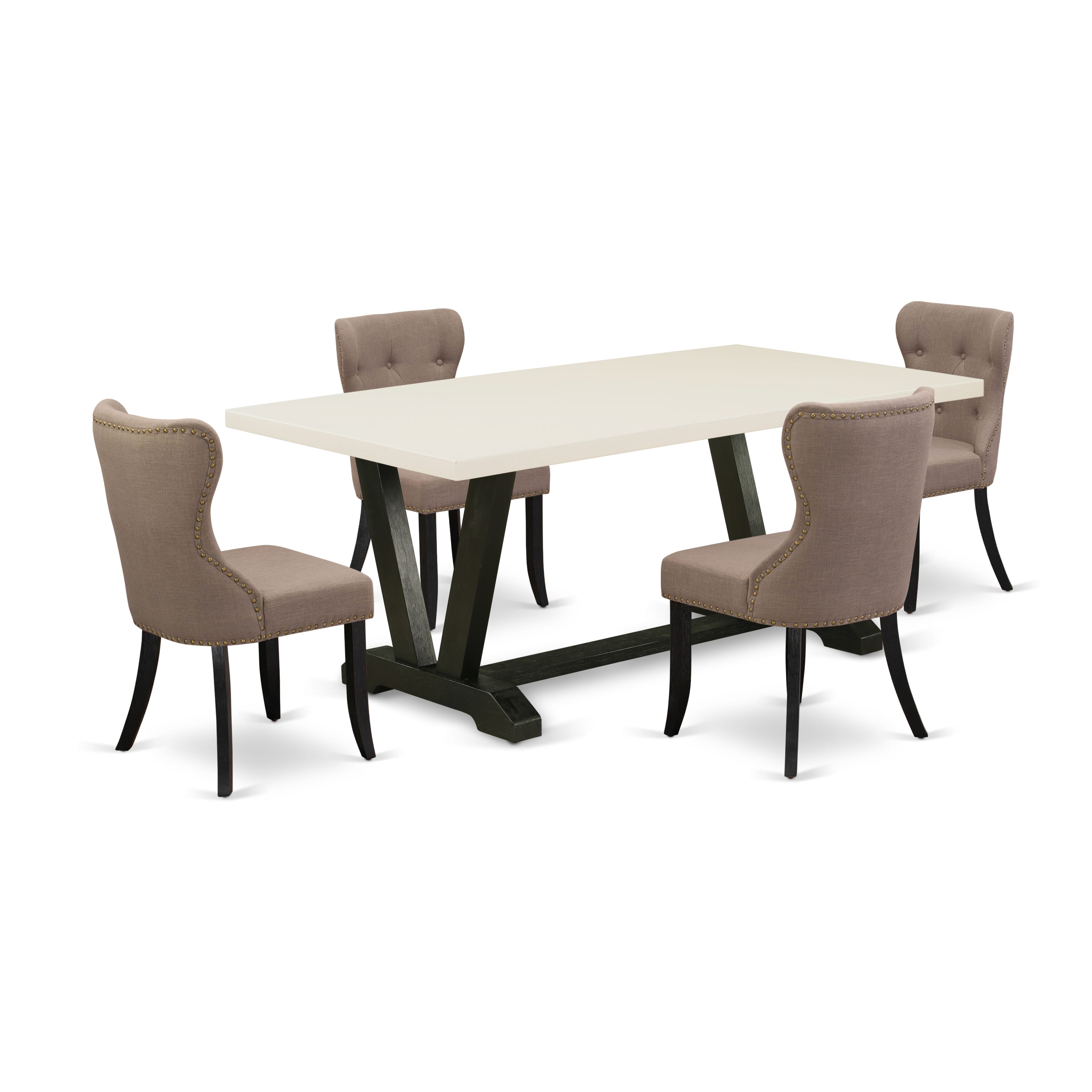 Juego de comedor de 5 piezas East West Furniture V627SI648-5. Incluye una mesa de comedor rectangular con patas en V y 4 sillas tapizadas en tela de lino color café.