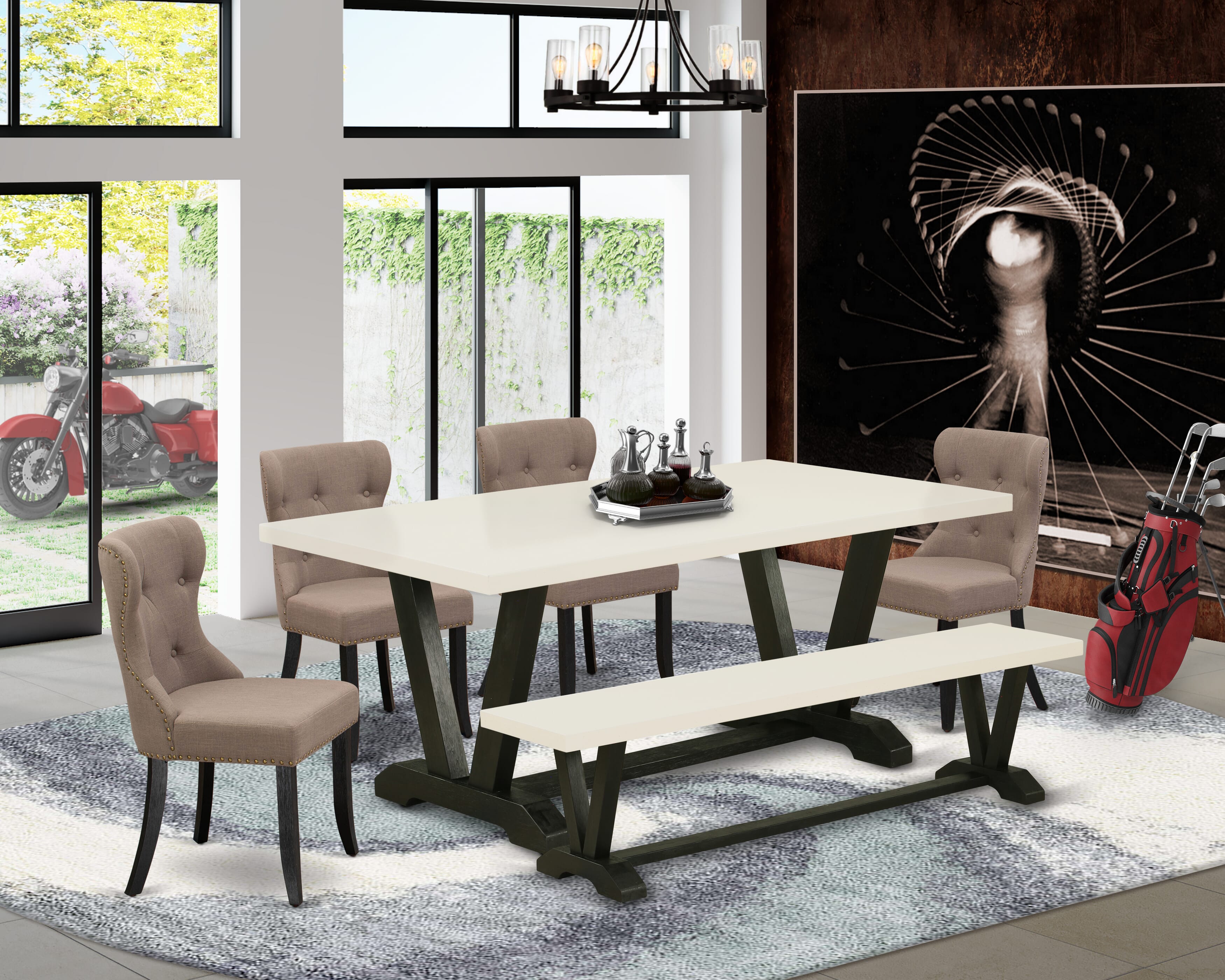 East West Furniture V627SI648-6 6-Piece Kitchen Table Set with Coffee Linen Fabric Seat and Button Tufted Chair Back Dining Chairs and Wooden Bench - Kitchen Table - linen white Finish