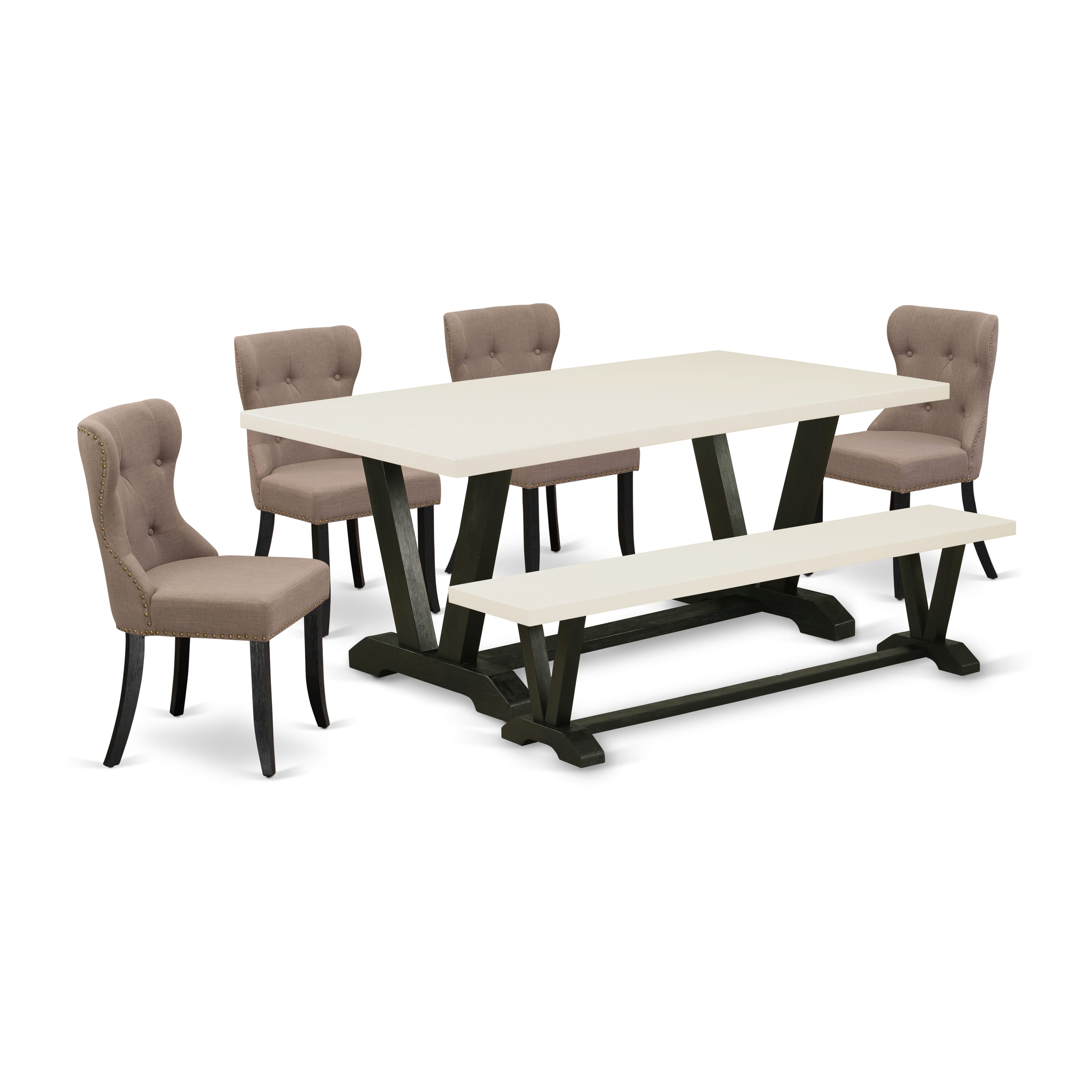 East West Furniture V627SI648-6 6-Piece Kitchen Table Set with Coffee Linen Fabric Seat and Button Tufted Chair Back Dining Chairs and Wooden Bench - Kitchen Table - linen white Finish