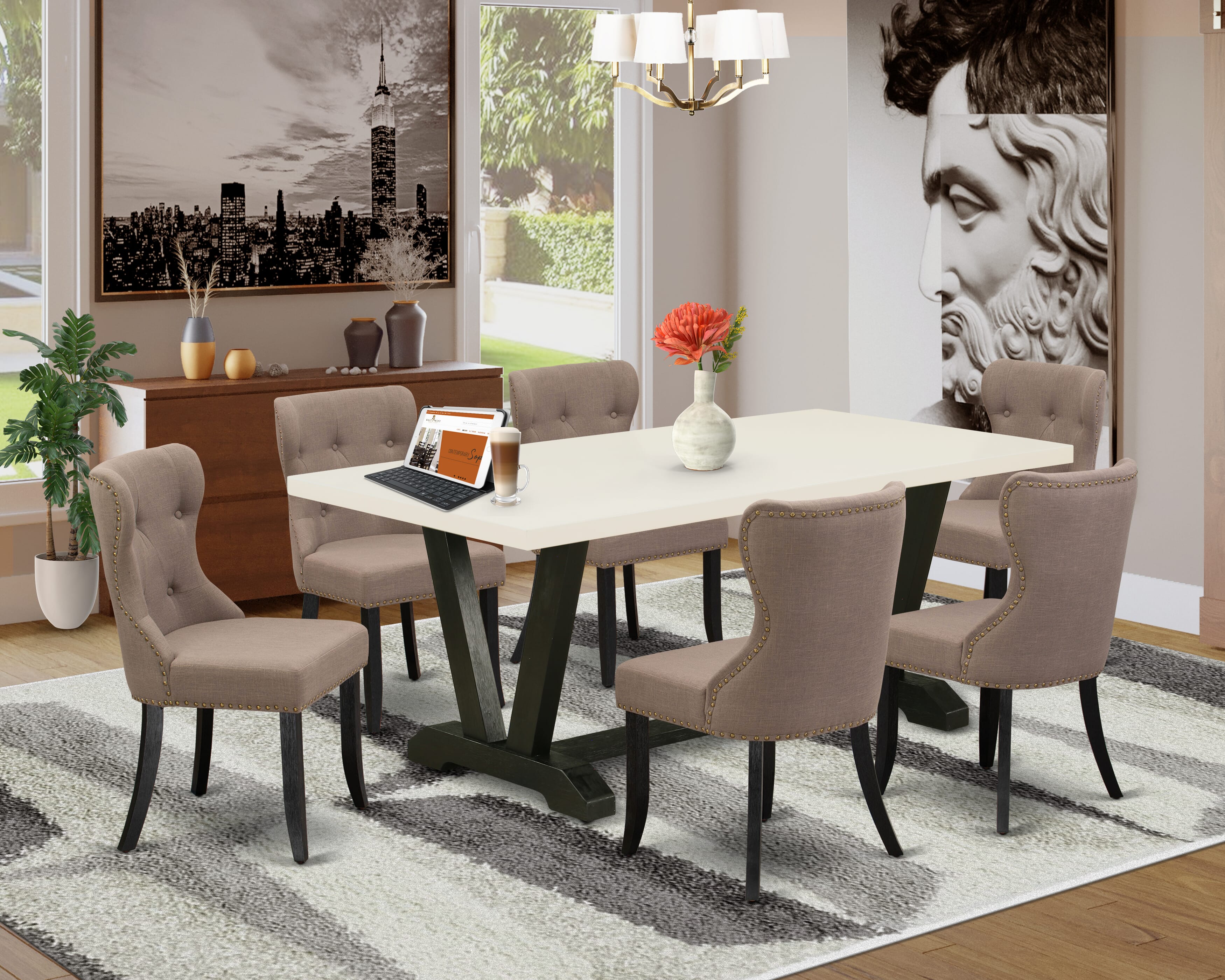 Juego de mesa y sillas de cocina de 7 piezas East West Furniture V627SI648-7. Incluye una mesa de comedor rectangular con patas en V y 6 sillas Parsons de tela de lino color café.