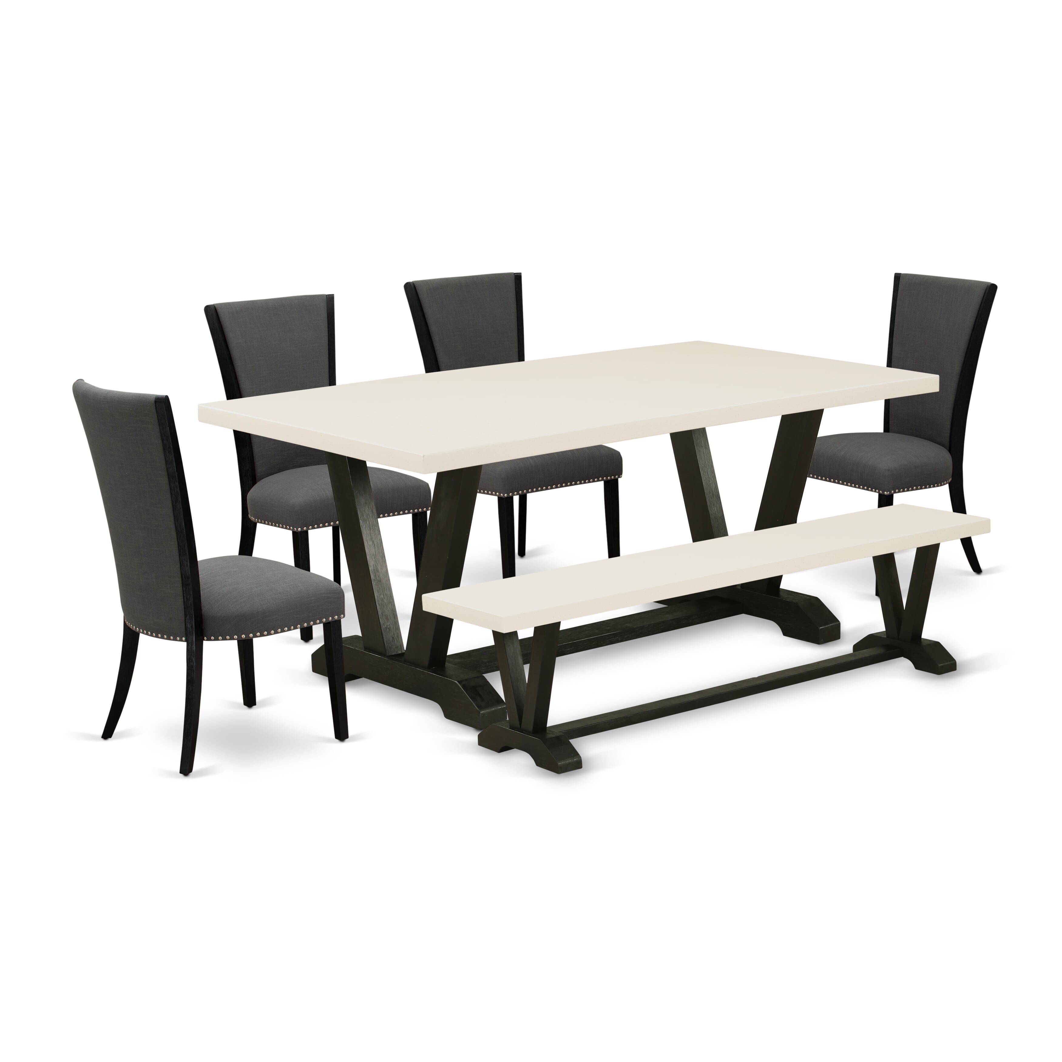 East West Furniture V627VE650-6 6 Piece Dining Set - 4 Dark Gotham Grey Linen Fabric Dining Room Chairs with Nailheads and linen white Wooden Table - 1 Dining Bench - Black Finish