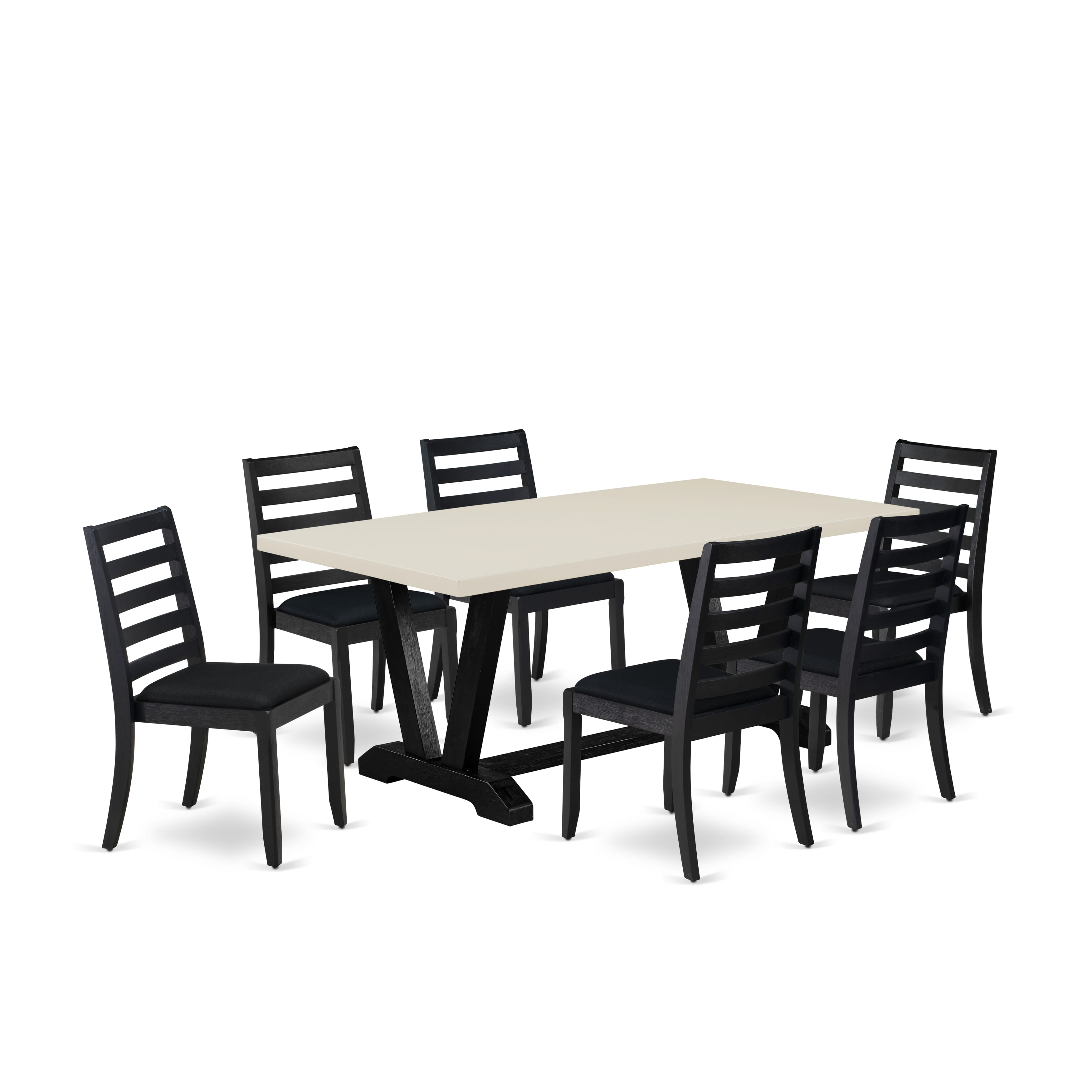 V627X1624-7 7-pc Kitchen set consists of a Rectangular Table and 6 Black Linen Fabric stackable Chair, Wire Brushed Black Finish.