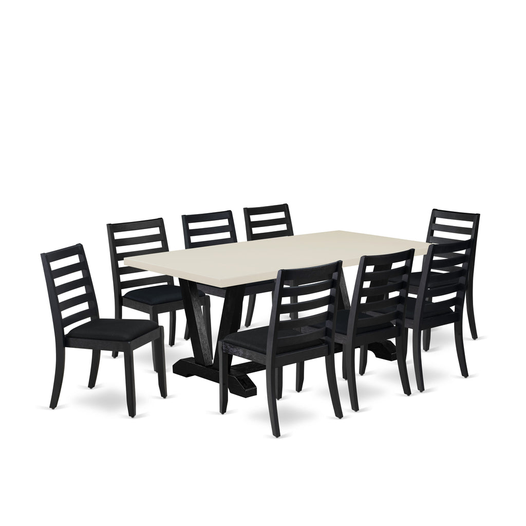 East West Furniture V627X1624-9 9-piece kitchen Table Set included a Rectangular Dining table and 8 Black Linen Fabric stackable dining Chair