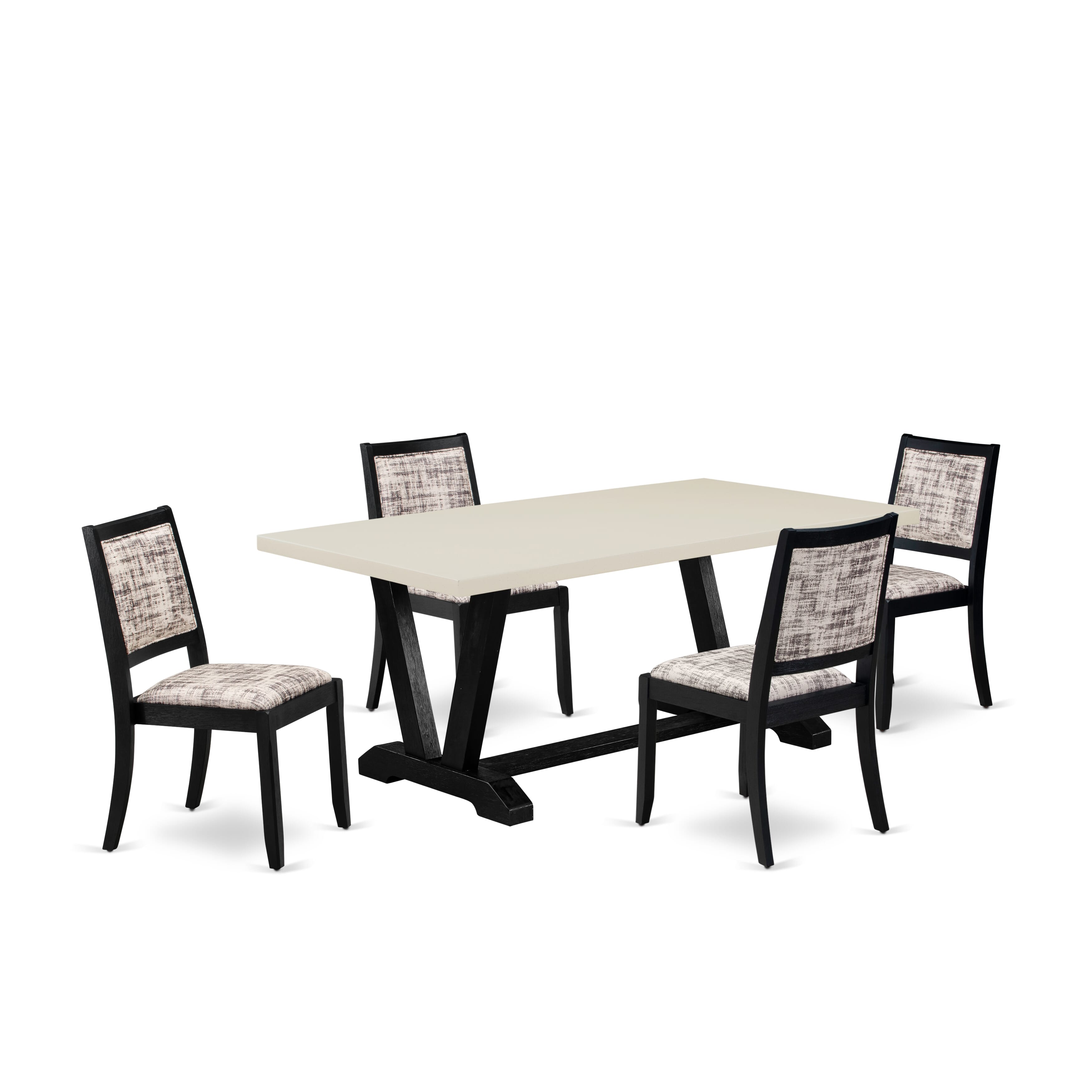 V627X2630-5 - 5-pc kitchen table set - a table & 4 stackable chairs with White and Gray Pattern Faux Leather Fabric- Wire-brushed Black