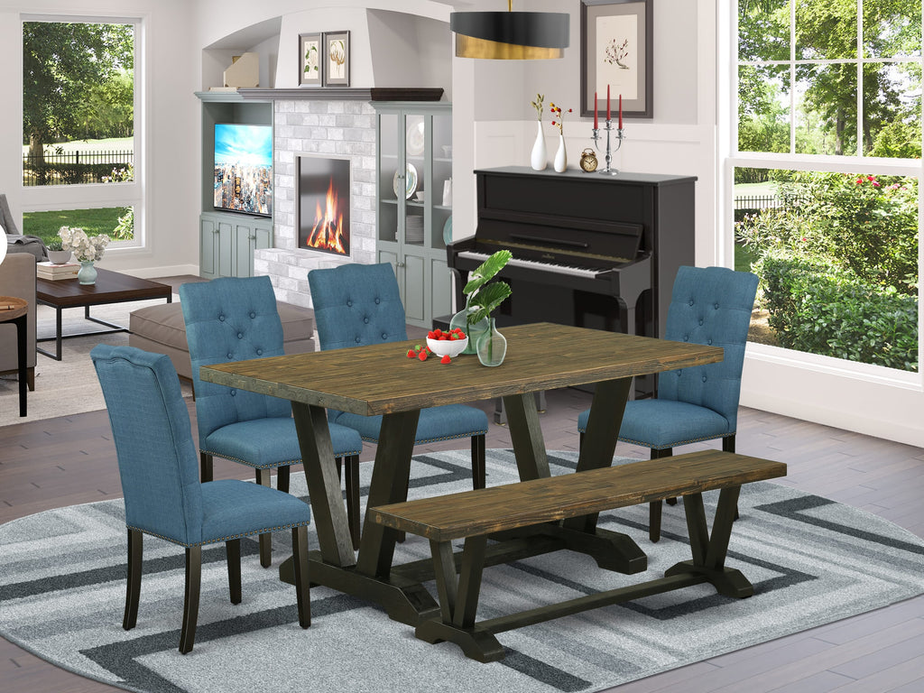 East West Furniture V676EL121-6 6-Piece Dining Table Set with Kitchen Table and Dining Bench - 4 Linen Fabric Kitchen Chairs (Wire Brushed Black Finish)