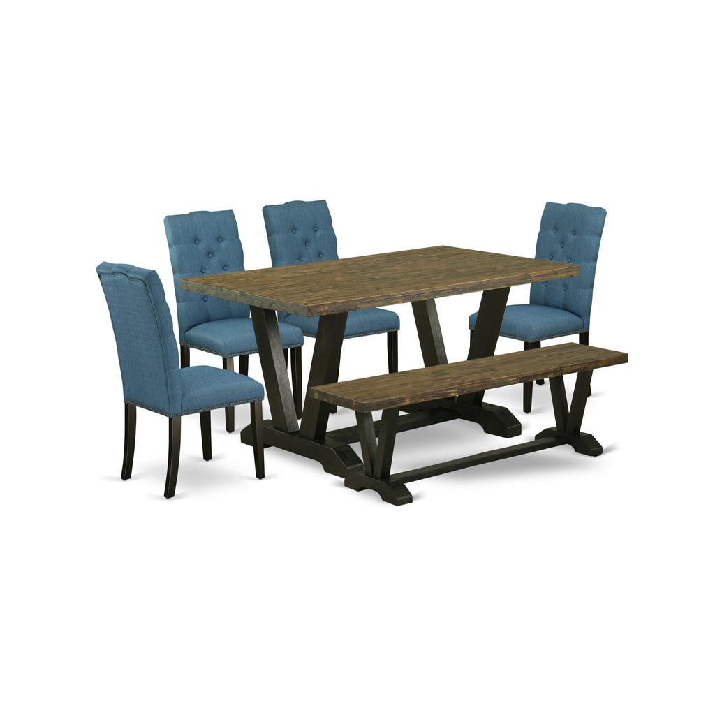 East West Furniture V676EL121-6 6-Piece Dining Table Set with Kitchen Table and Dining Bench - 4 Linen Fabric Kitchen Chairs (Wire Brushed Black Finish)