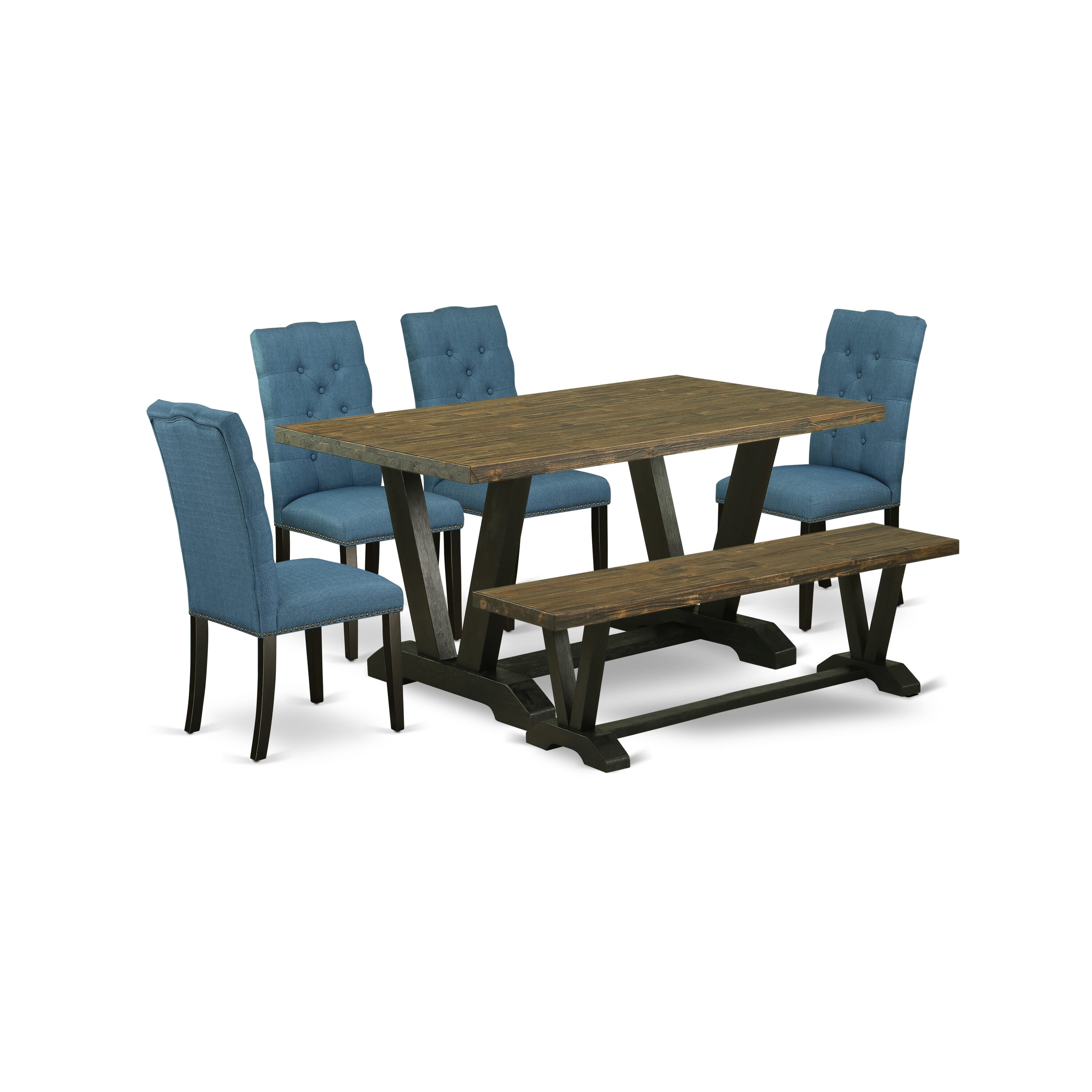 East West Furniture V676EL121-6 6-Piece Dining Table Set with Kitchen Table and Dining Bench - 4 Linen Fabric Kitchen Chairs (Wire Brushed Black Finish)