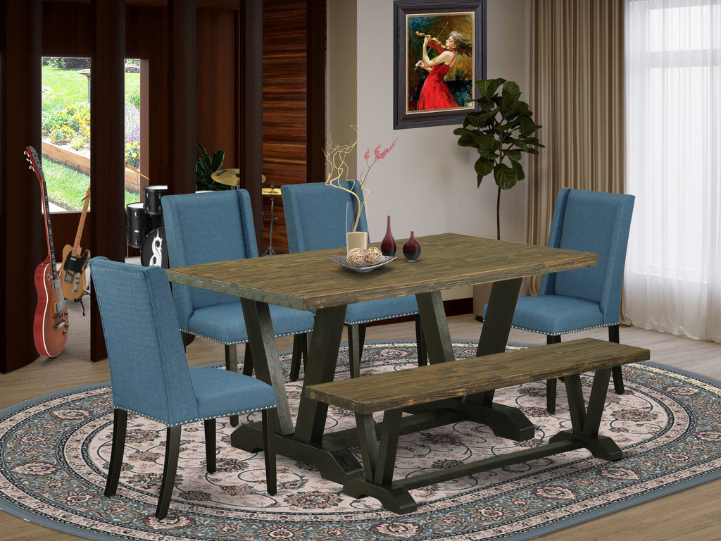East West Furniture V676FL121-6 6-Piece Dining Room Set with Dining Table and Small Bench - 4 Linen Fabric dining room chairs (Wire Brushed Black Finish)