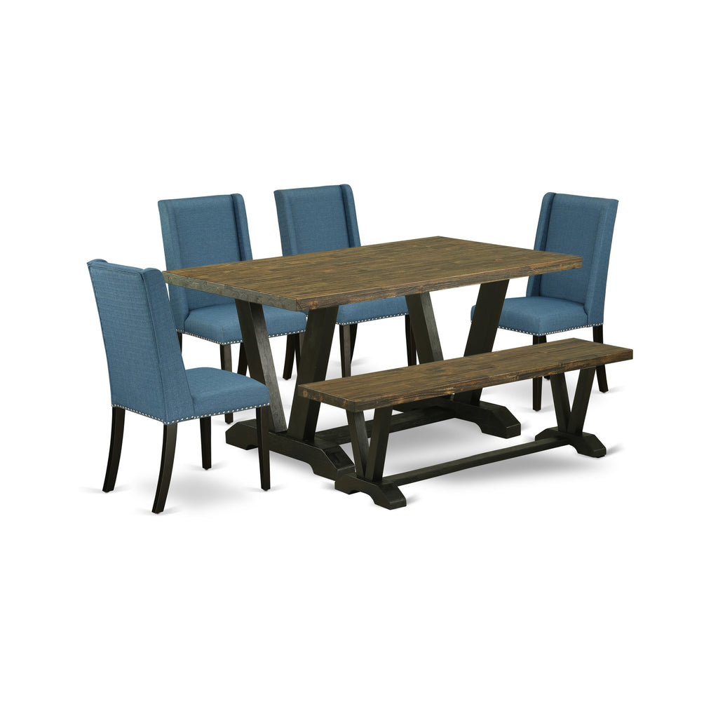East West Furniture V676FL121-6 6-Piece Dining Room Set with Dining Table and Small Bench - 4 Linen Fabric dining room chairs (Wire Brushed Black Finish)