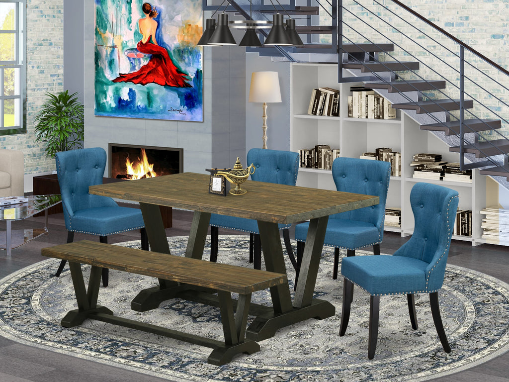 East West Furniture 6-Piece Dining Table Set- 4 Parson dining room chairs with Blue Linen Fabric Seat and Button Tufted Chair Back - Rectangular top & Wooden Legs Wood Kitchen Table and Wooden Dining Bench - Distressed Jacobean and Black Finish