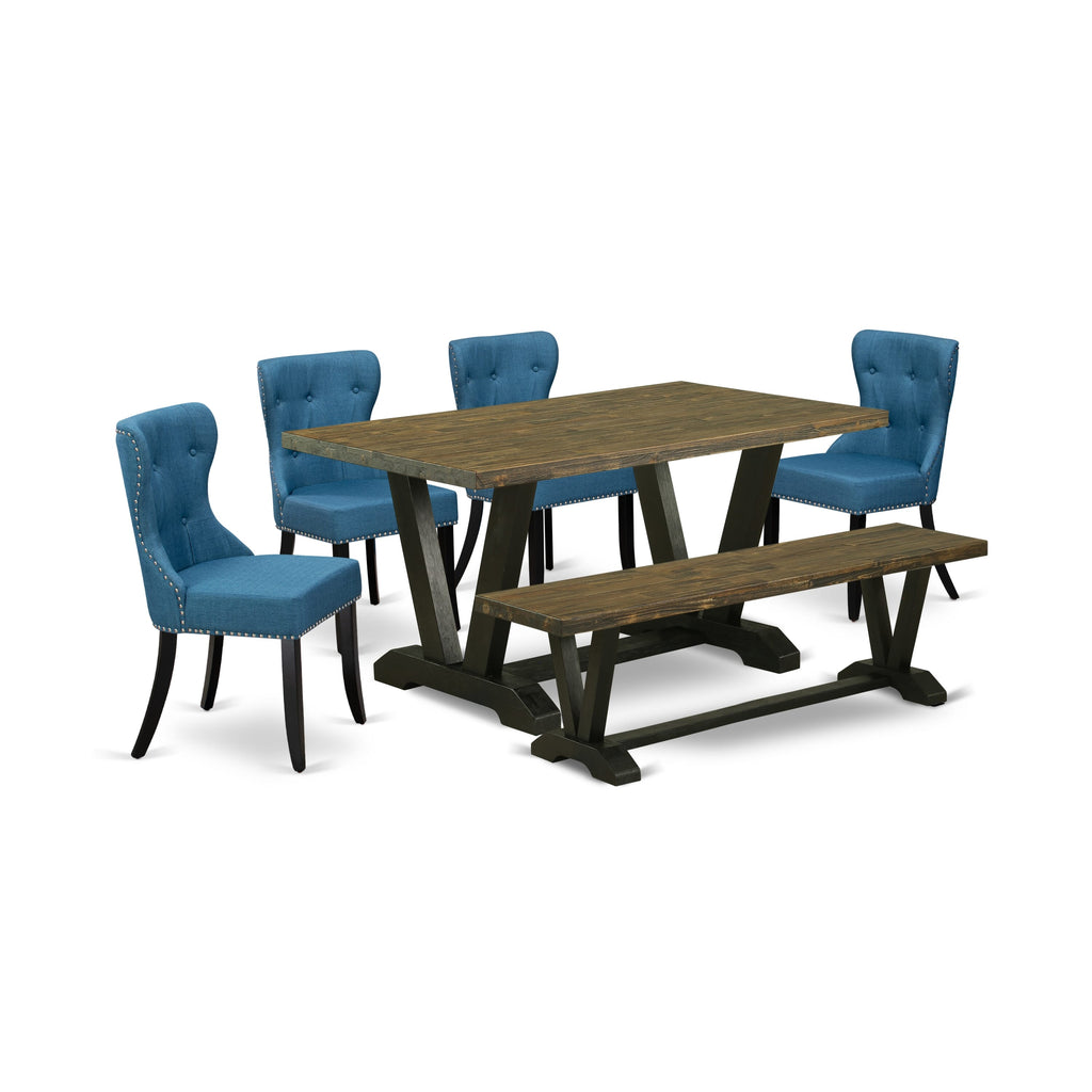 East West Furniture 6-Piece Dining Table Set- 4 Parson dining room chairs with Blue Linen Fabric Seat and Button Tufted Chair Back - Rectangular top & Wooden Legs Wood Kitchen Table and Wooden Dining Bench - Distressed Jacobean and Black Finish
