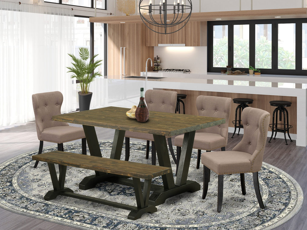 East West Furniture 6-Piece Kitchen Dining Room Set- 4 kitchen chairs with Coffee Linen Fabric Seat and Button Tufted Chair Back - Rectangular top & Wooden Legs Wood Kitchen Table and Dining Bench â€“ Distressed Jacobean and Wire Brushed Black Finish